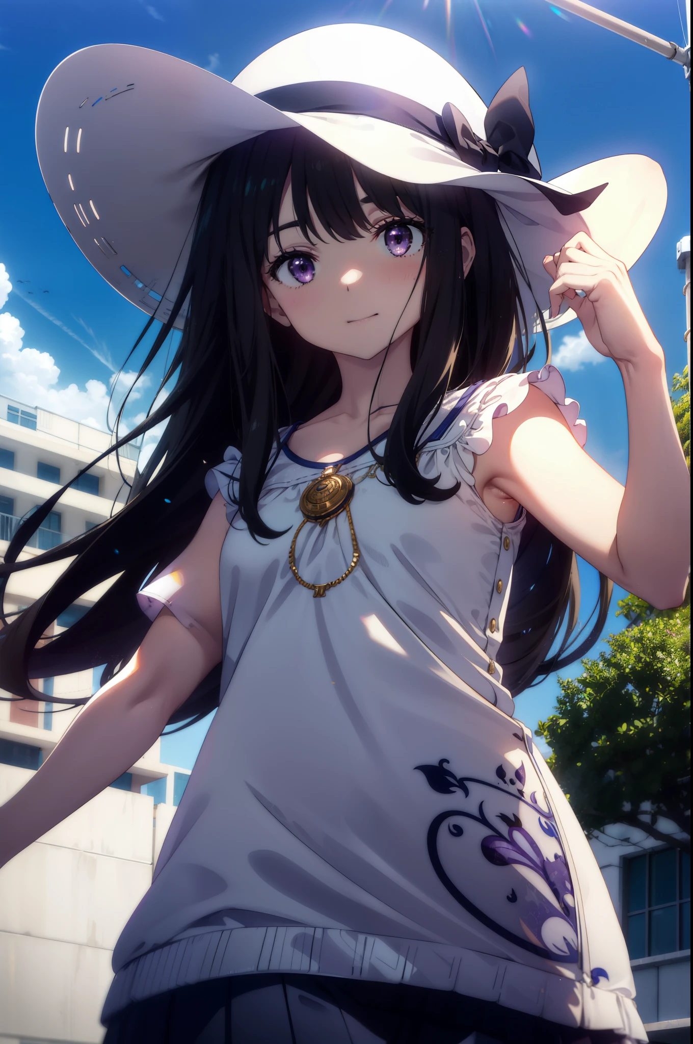 Takiuchi, Inoue Check, Long Hair, bangs, Black Hair, (Purple eyes:1.2),happy smile, smile, Open your mouth,smile,blush,Blue long skirt one-piece dress,No sleeve,Bare arms,Rocket Pendant,Cute Sandals,White hat,True Summer,Clear skies,So that the whole body goes into the illustration,
break outdoors, Coastal Road,City Street,
break looking at viewer, (Cowboy Shot:1.5),
break (masterpiece:1.2), highest quality, High resolution, unity 8k wallpaper, (figure:0.8), (Beautiful fine details:1.6), Highly detailed face, Perfect lighting, Highly detailed CG, (Perfect hands, Perfect Anatomy),