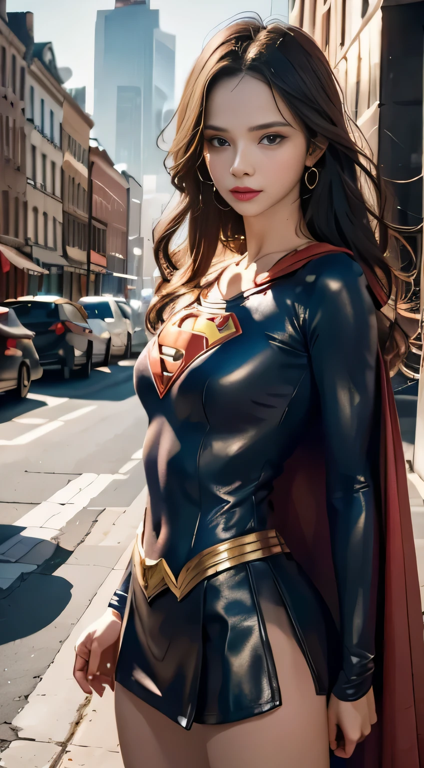 Arav woman in superhero costume standing on city street, Super Girl, Hero pose colorful city lights, gal gadot as Super Girl, emma watson as Super Girl, close up, anime visual of Super Girl, sydney sweeney, Corey Chase plays the Atlanteans, Maika Monroe Batgirl, 8K Artgerm bokeh, betty cooper, No characters, Ultra-high resolution，Black Hair, Hair shaking, victory, Long eyelashes, Solid round eye, A faint smile, ears red, direction, Surrealism, shadow, Relief, Stereogram, Standing picture, View, Atmospheric perspective, 8k, Super Detail, precise, best quality