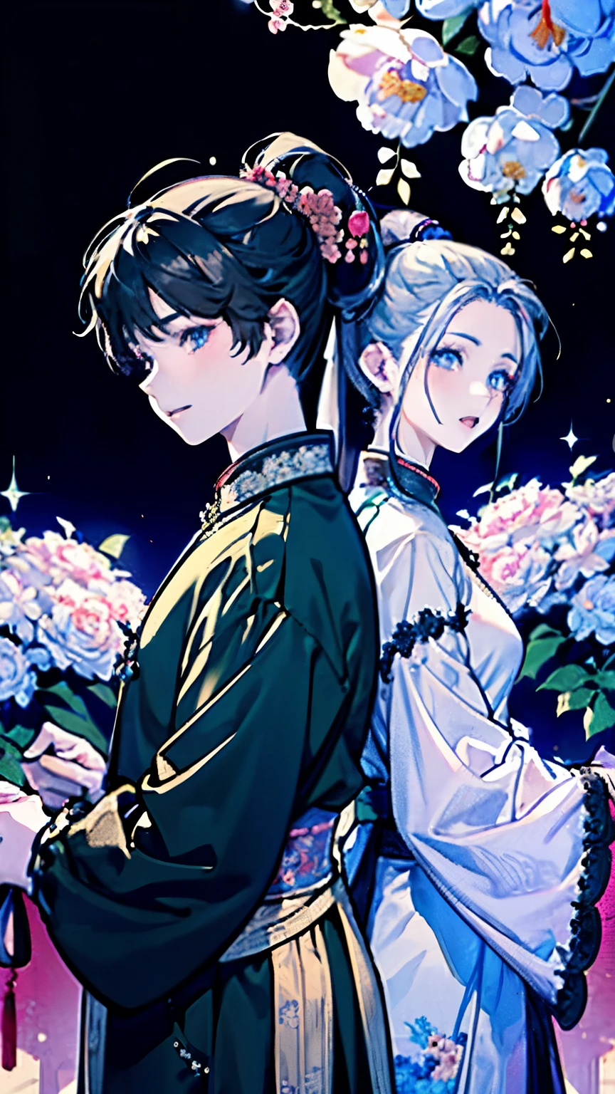 ((Two boys and girls around 16 years old)),(Ancient Chinese aristocratic costume),(ponytail:1.5),((Fantasy)),(Bright atmosphere background),(A lot of large flowers are overflowing),(Back to Back),A slight smile