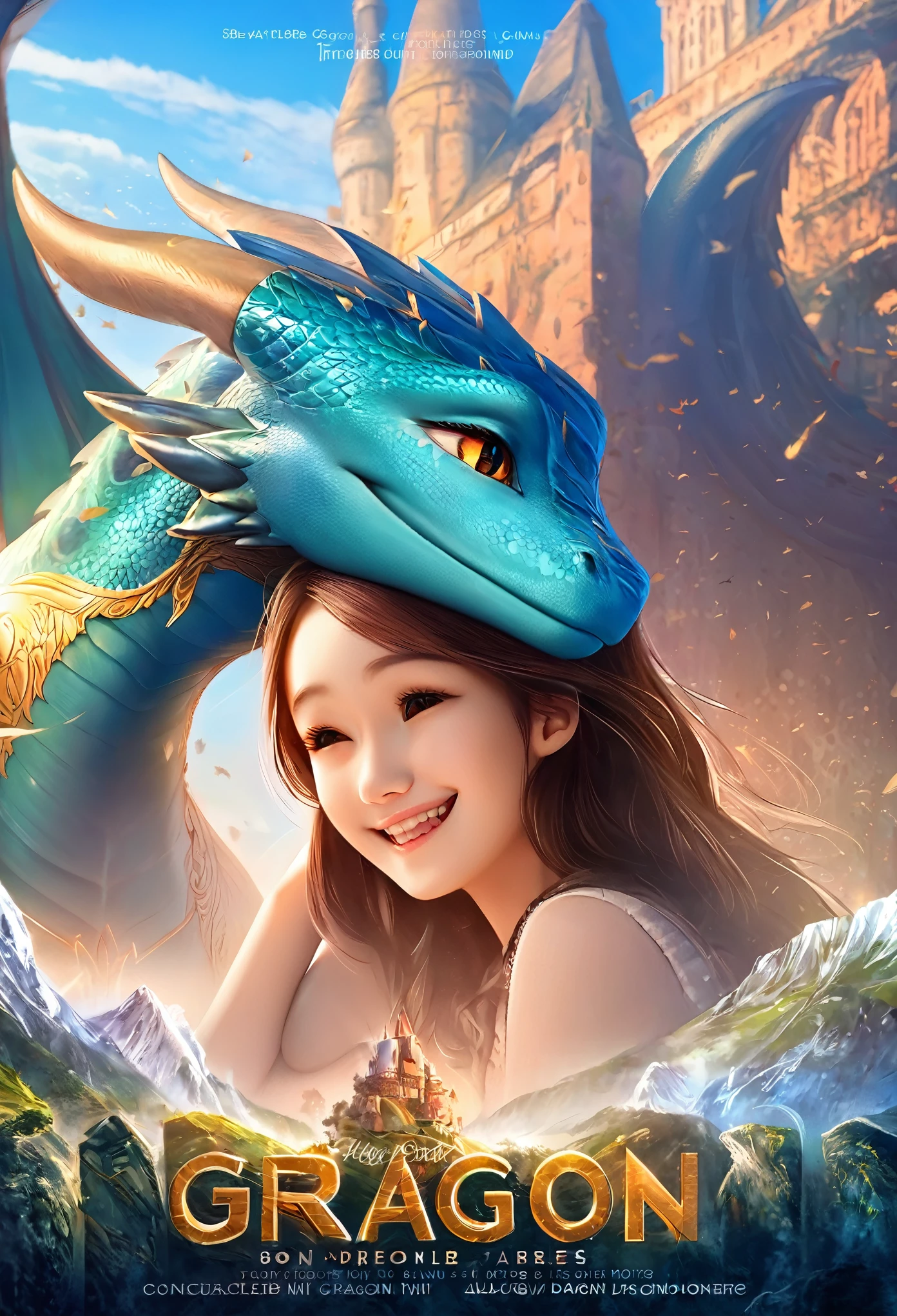 photograph of a girl with long blonde curly hair, smiling, casual outfit, (riding on a dragon), above the clouds, (masterpiece,best quality, ultra realistic), 32k,RAW photo,detail skin, 8k uhd, dslr,high quality
