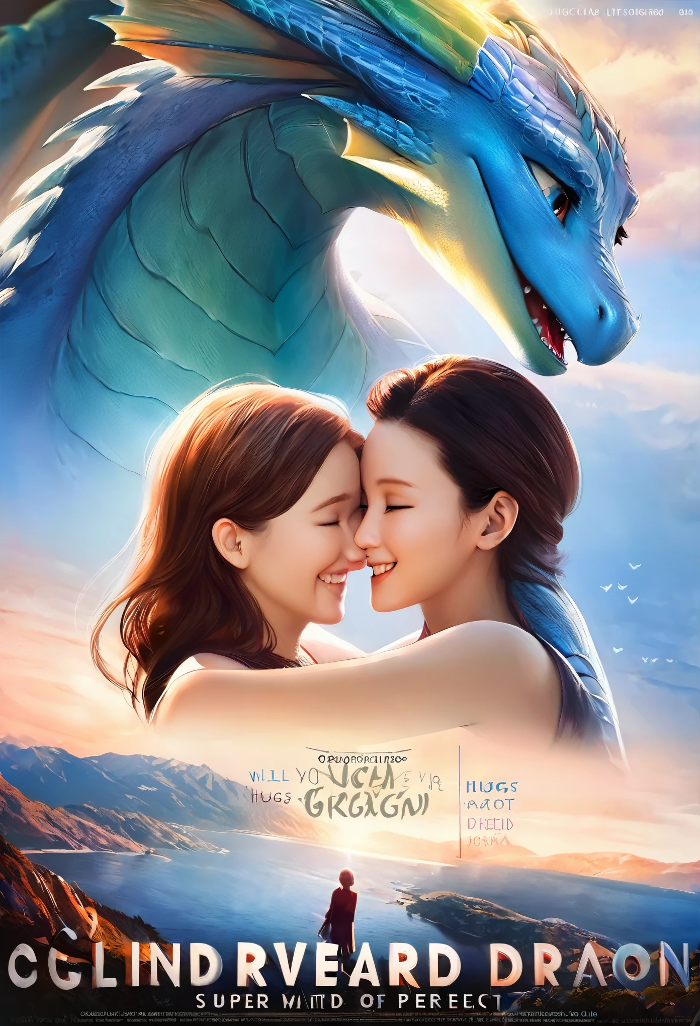 movie poster, highres, top quality, best quality, paid reward available, unparalleled masterpiece, perfect artwork, absurdres, High-quality illustrations, super high resolution, detailed background, perfect anatomy(1girl, large gragon, Hugs each other)((movie of a Dragon and human girl))blue sky, smile, smile, happy, joyful, cinematic lighting, title logo,