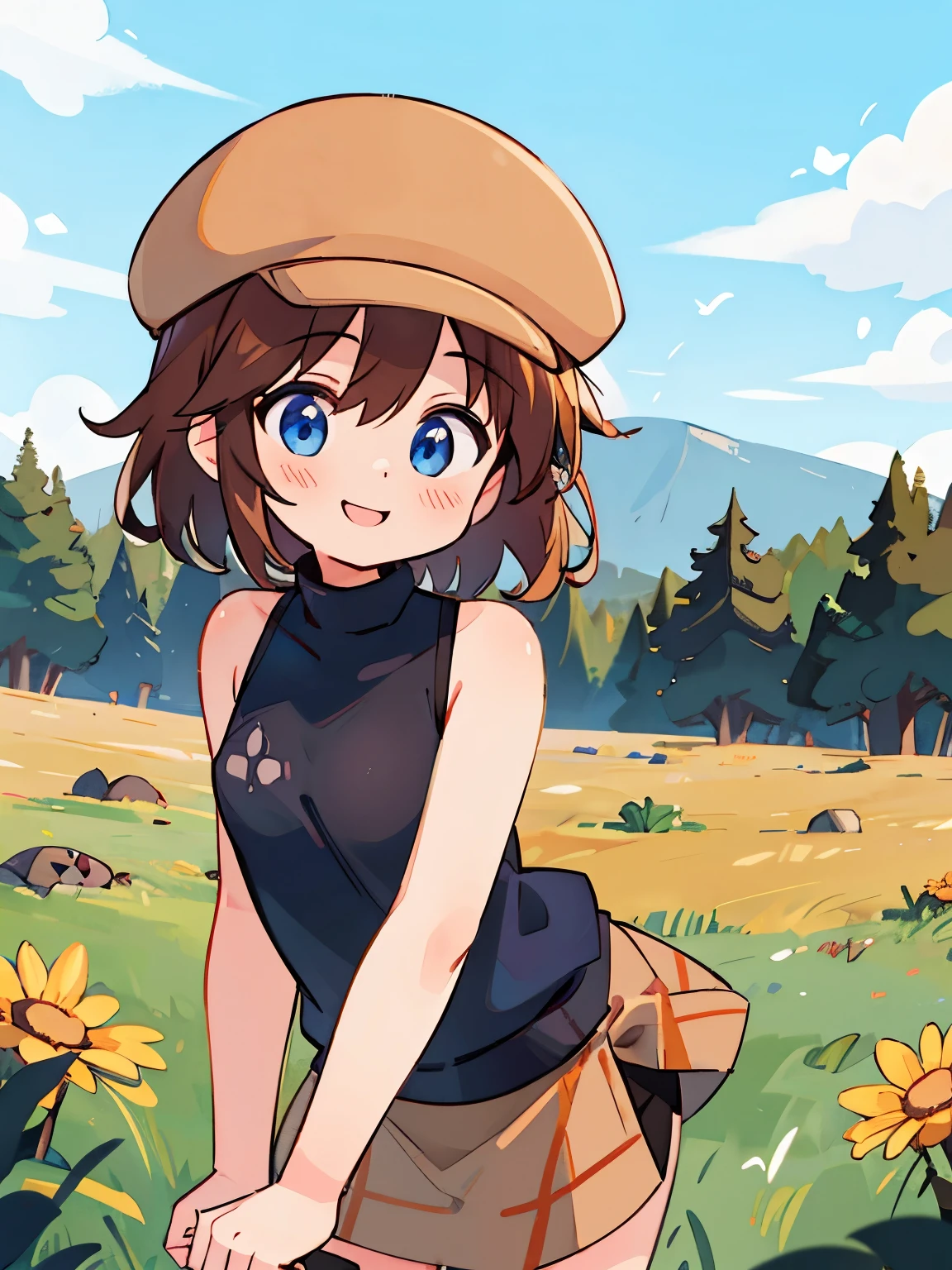 blue eyes, brown hair, short hair, brown hat, Black sweater, Sleeveless turtleneck, (Brown plaid skirt), smile,grassland