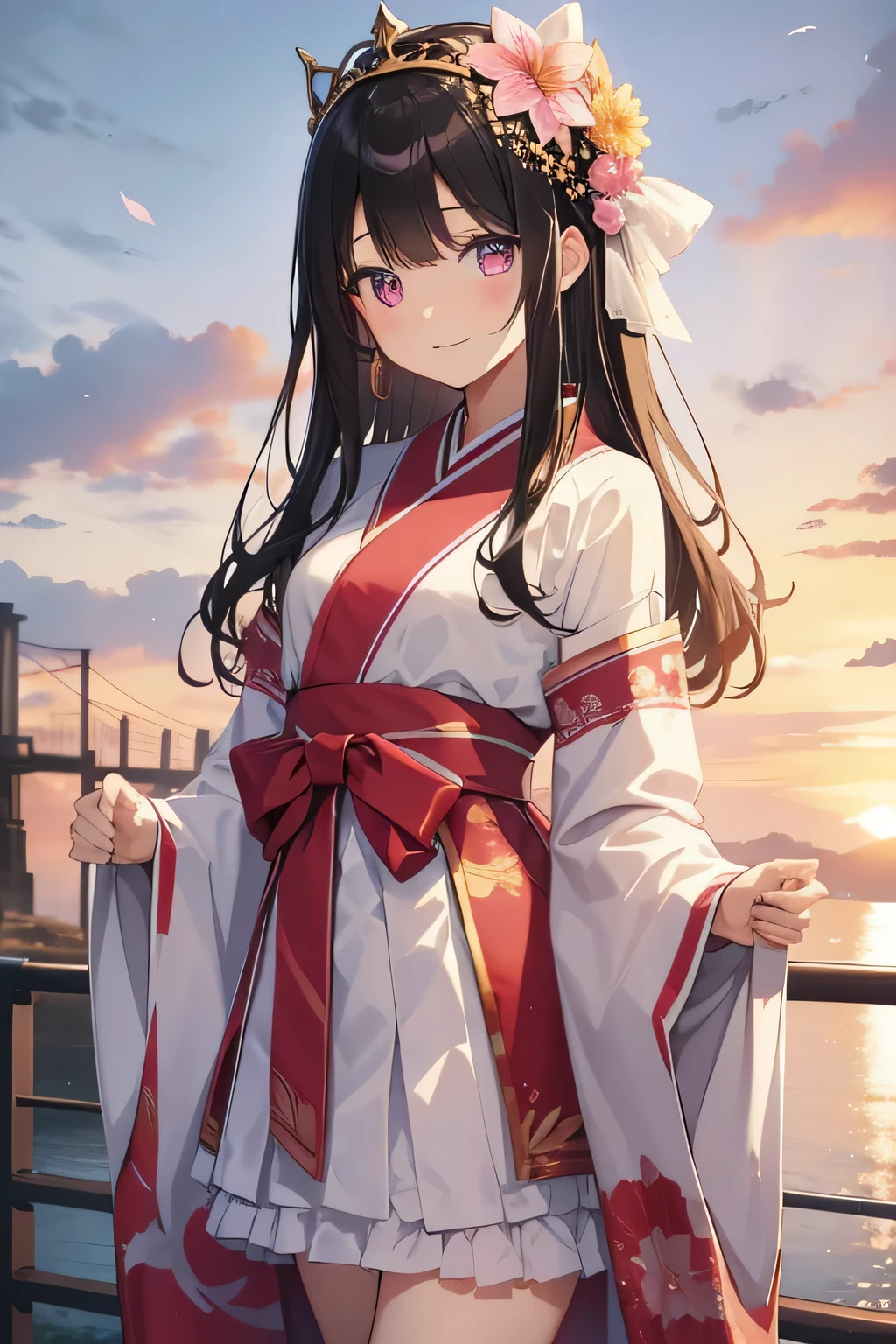 highest quality、Highest quality、Beautiful eyes、Very delicate and beautiful、Beautiful eyes、Pink Eyes、Soio、Soio、11-year-old girl、Japanese、、Chiquita、Noble、Primary school students、Black Hair、barefoot、(Professional Wrestling Costumes)、(red headband)、(High leg)、Tiara on head、smile、Standing, facing forward、The background is professional wrestling