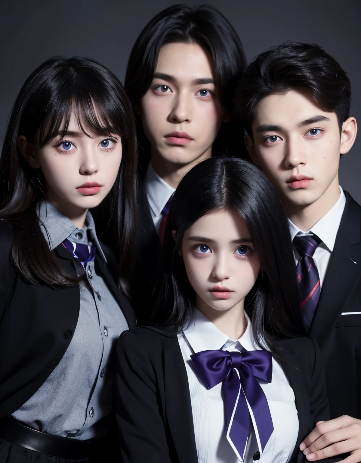 two  twins, a girl and a boy. with purple eyes. with a black academy uniform. dark fantasy feel