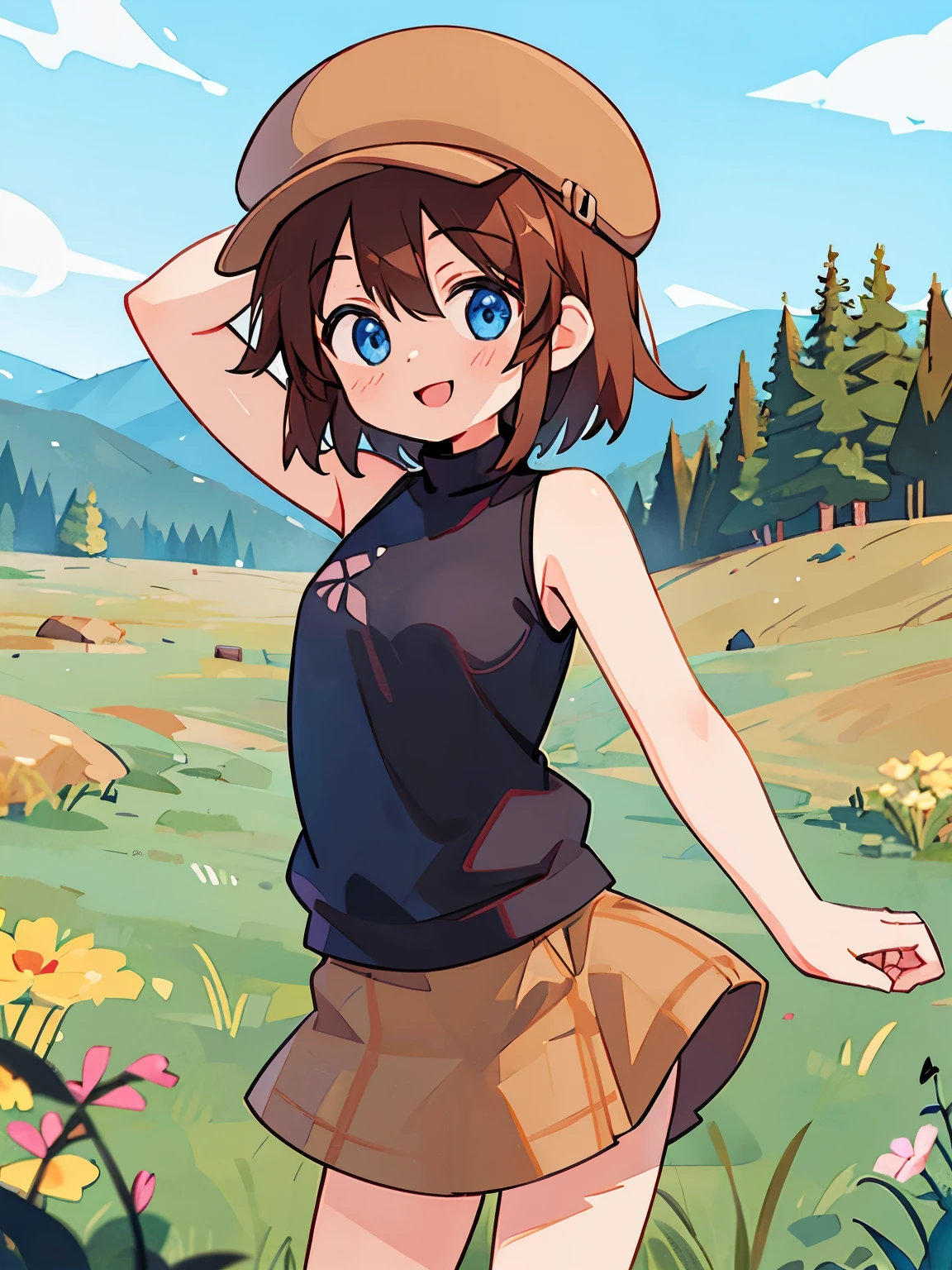 blue eyes, brown hair, short hair, brown hat, Black sweater, Sleeveless turtleneck, (Brown plaid skirt), smile,grassland