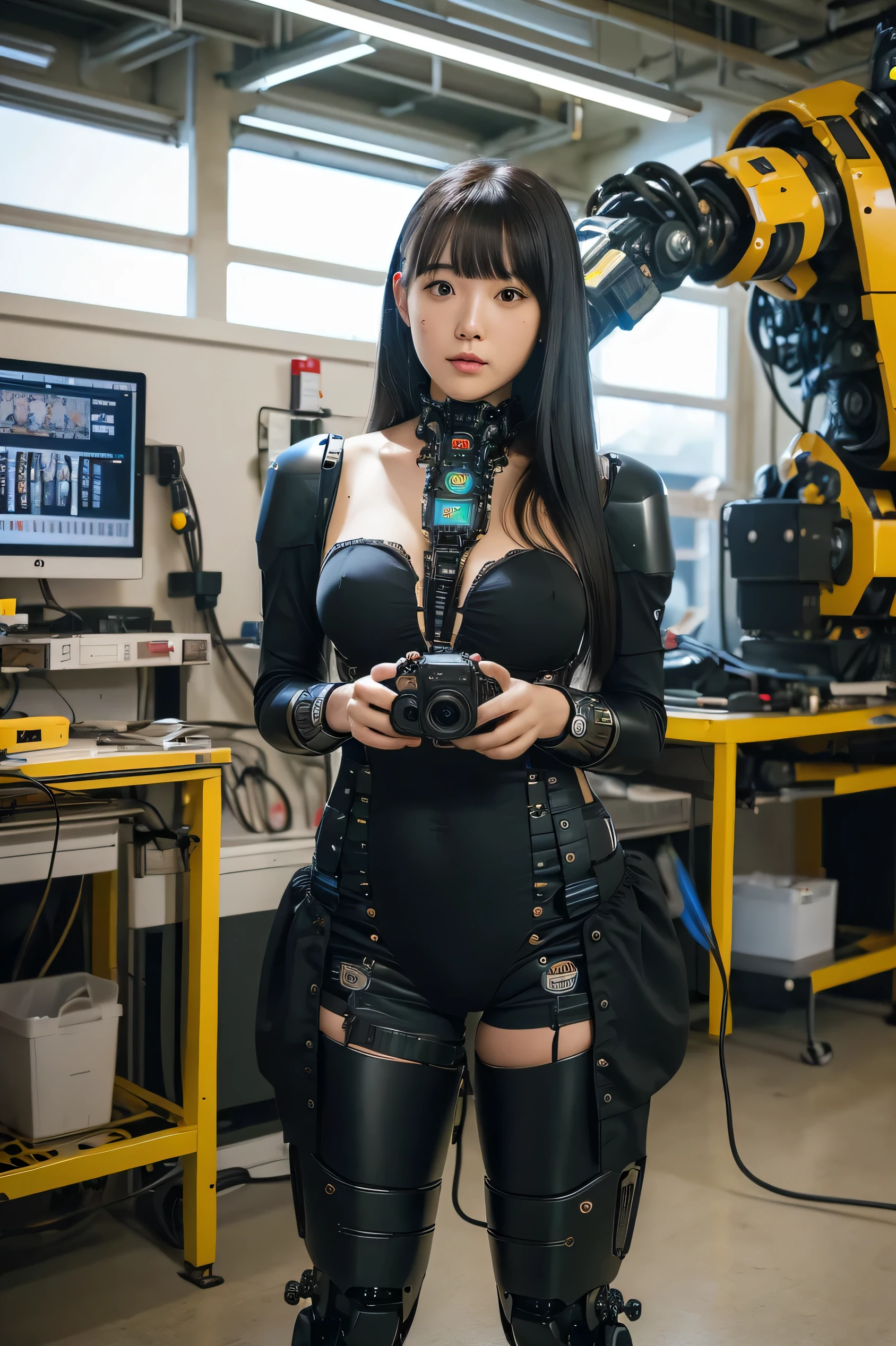 masterpiece, best quality, extremely detailed, Japaese android girl,Plump , control panels,android,Droid,Mechanical Hand, Robot arms and legs, Black hair,Blunt bangs,perfect robot girl,long tube,thick cable connected her neck,android,robot,humanoid,cyborg,japanese cyborg girl ,future laboratory,connecting a cable between the legs,skirt, high socks