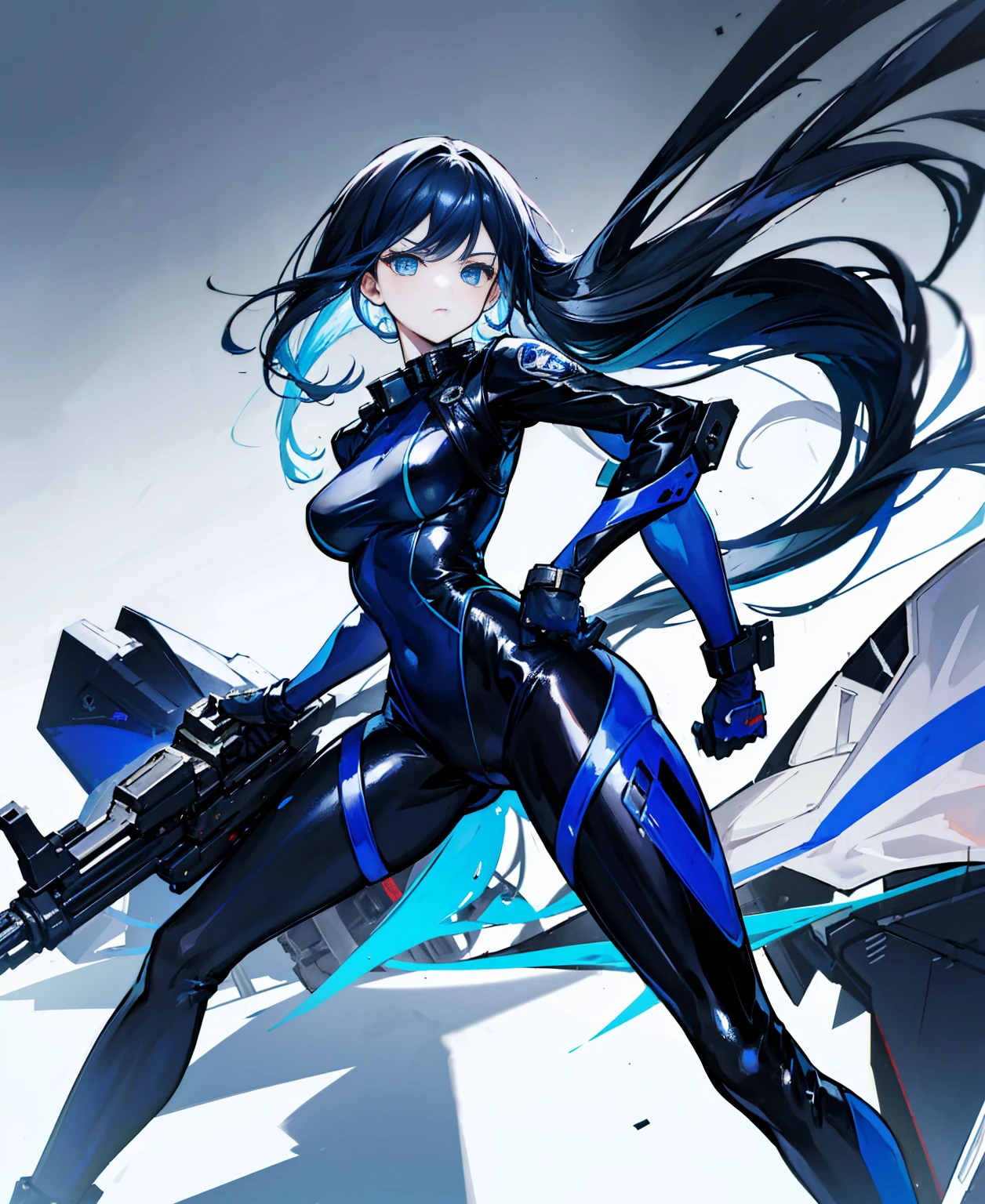 There is no background，girl，Carry a firearm，Patent leather tight suit，Use of firearms，Navy blue long hair，attention arousal，Blue colored eyes,No gradients