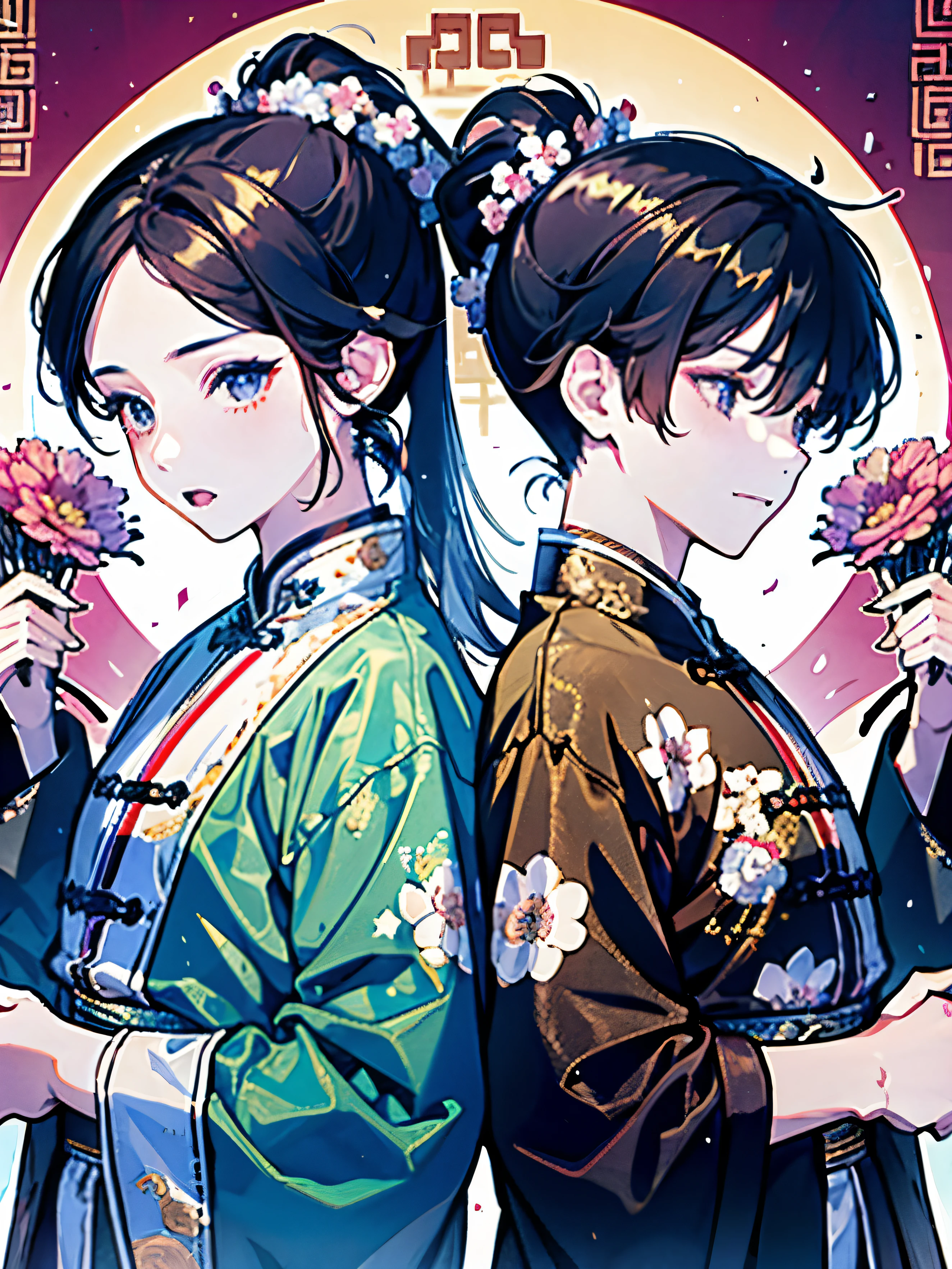 ((Two boys and girls around 16 years old)),(Ancient Chinese style war god costume),(ponytail:1.5),((Fantasy)),(Bright atmosphere background),(A lot of large flowers are overflowing),(Back to Back)