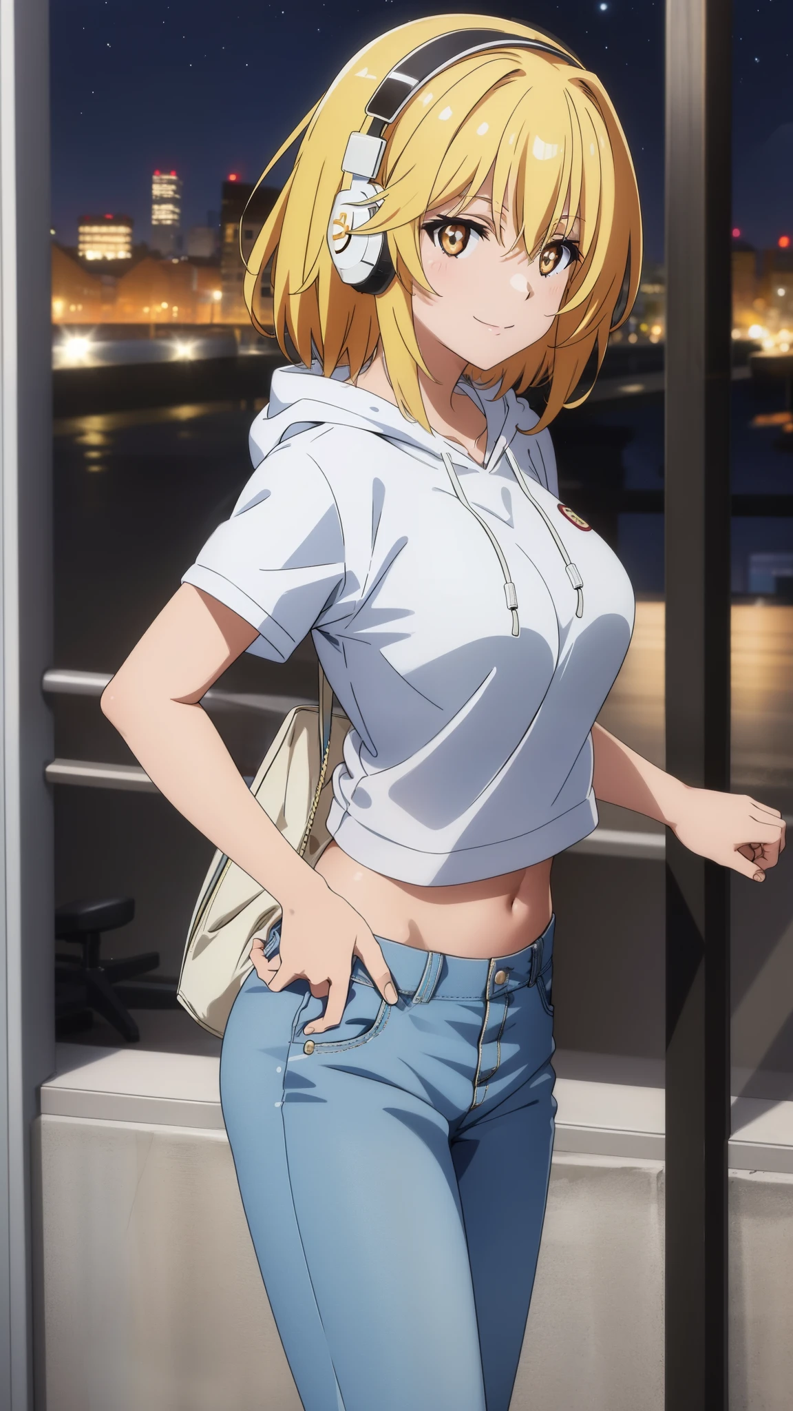 (Top Quality, High Resolution, 8k, Masterpiece: 1.2), Highly Detailed, Anime Art Style, Misaki Shokuhou, Smile, Blonde, short Hair, Large Medium Breasts, (hip hop dancer style, headphones, pants, hooded sweatshirt, colorful shirt, navel, city, night,), looking at camera, stylish pose, stylish angle, staring camera focuses on the center of the image,