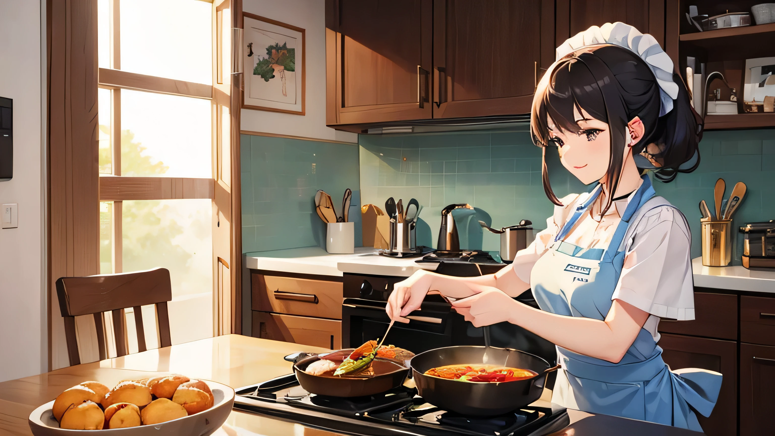 A beautiful girl happily cooking in the kitchen while listening to music through headphones apron Frying pan ponytail