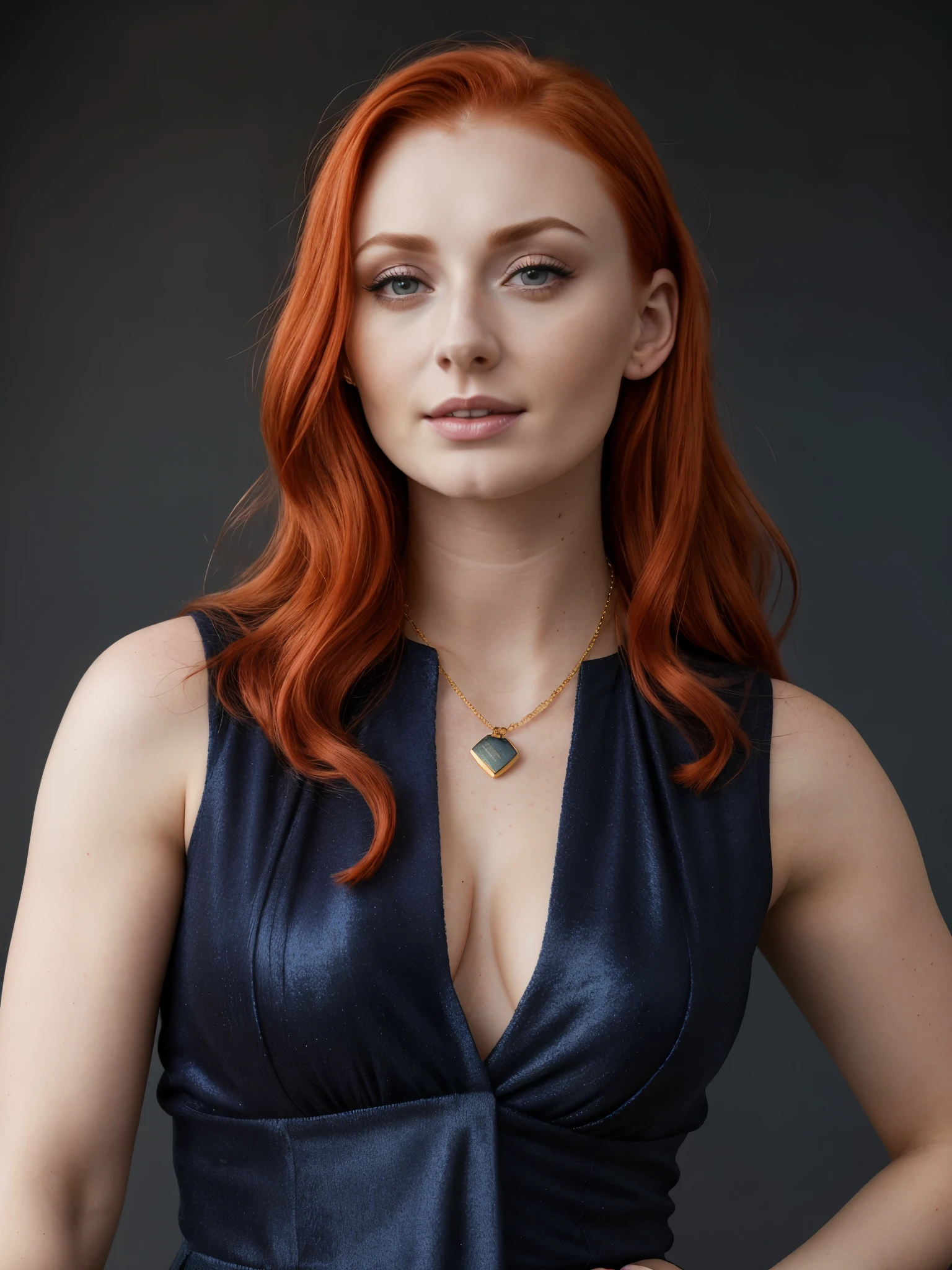beautiful femme woman with red hair and a necklace on her neck, Sophie Turner, blue wool blouse, cleavage, gold bar, beautiful redhead woman, portrait, redhead woman, pretty female, she is redhead, redhead girl,