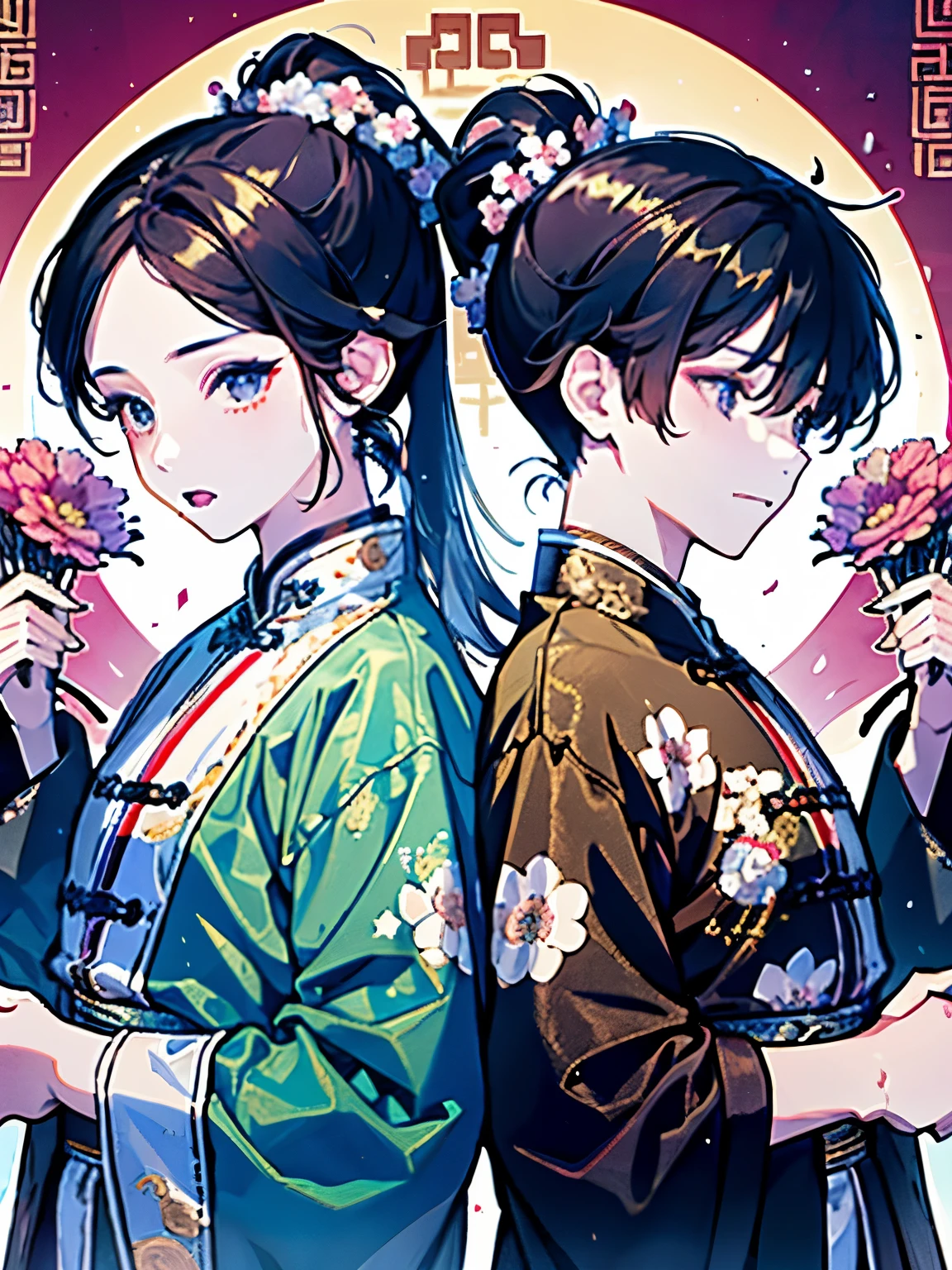 ((Two boys and girls around )),(Ancient Chinese style war god costume),(ponytail:1.5),((Fantasy)),(Bright atmosphere background),(A lot of large flowers are overflowing),(Back to Back)