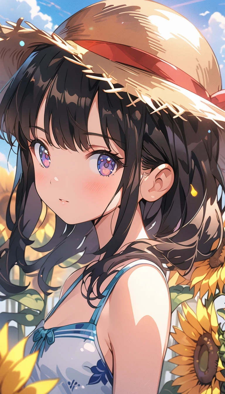 Anime girl with long black hair wearing a straw hat, Small breasts, Anime Style 4k, beautiful anime portrait, Anime Moe Art Style, anime art wallpaper 4k, anime art wallpaper 4k, High quality anime art style, Anime style portrait, Gweitz, artwork in the style of Gweitz, Detailed digital anime art, Anime Art Wallpapers 8K, Cute Anime Girl Portrait, Sunflower field, whole body