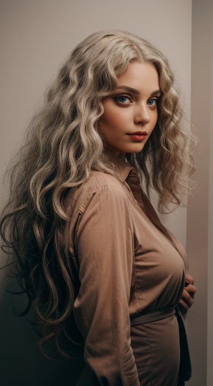 (best quality, masterpiece:1.2), Sketch full view of a hot looking 29 year old woman standing in front of us. She has clear eyes and long curly white hair. She has a nice curve physique. She is wearing a solid slim button long sleeve shirt dress. Shadow background. Sketch. Shading. Lighting.