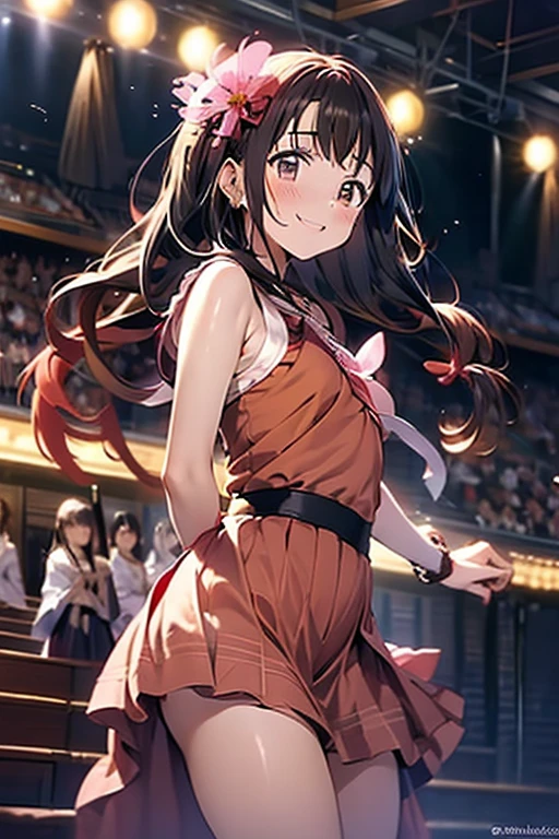 (Best quality),(4k), [highly grand details CG painting]!!,(cheer sticks),(((the Greatest masterpiece,))) (ultra detailed),(((Puella Magi Madoka Magica))),(intricately details),(Natural,mature face),((((beautiful stage)))),(dynamic angles,)(aggressive winds),(dynamic lighting),(blooming,synthetic wave), (reality: 0.7), solo,1 girl,Long eyelashes,twintails,watery eyes,reflected eyes,brown haired deity,floating hair,(comfortable flower dress),((elegant and conservative cloth)),seductive smile,arms behind back