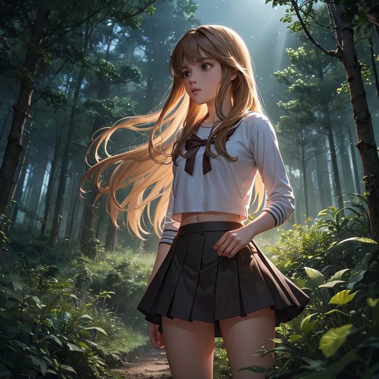 Realistic photography, high quality, Twenty-year-old Hermione Granger collects frogs in a forest clearing near Hogwarts, she is wearing a short skirt and a tight top, thin waist, Moonlight night, thin hips, (unicorn in the distance: 1.1), strong wind, magic light