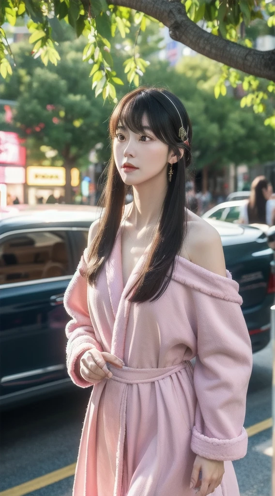 yor, Mature female, bangs, side locks, Red eyes, pink hair, hair adornments，sportrait, (face:1.2), schoolgirls,bare shoulders​, walking at time square buzz, (Robe:1.21), clavicle, Willow Branch, (masterpiece best quality :1.2),