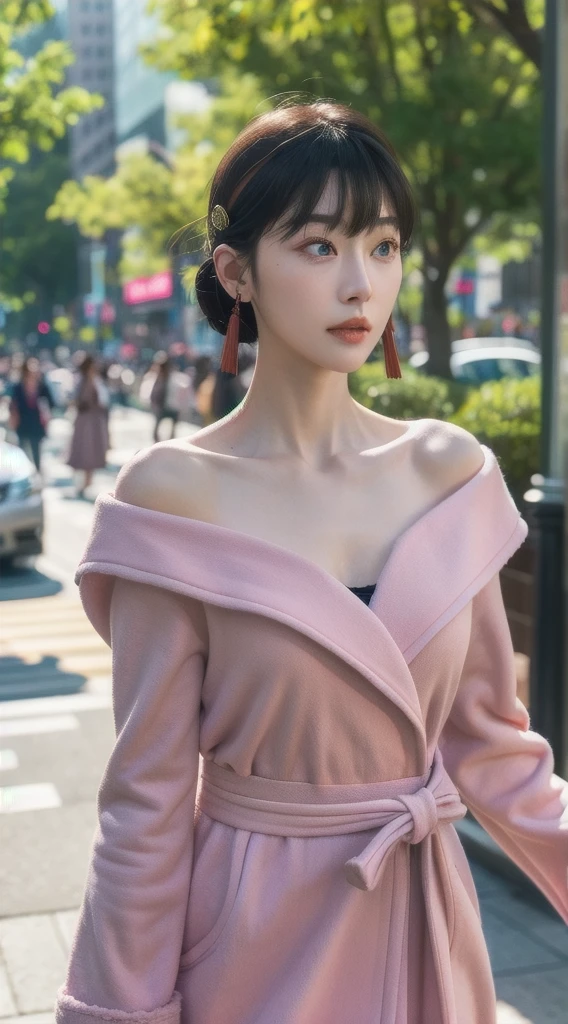 yor, Mature female, bangs, side locks, Red eyes, pink hair, hair adornments，sportrait, (face:1.2), schoolgirls,bare shoulders​, walking at time square buzz, (Robe:1.21), clavicle, Willow Branch, (masterpiece best quality :1.2),