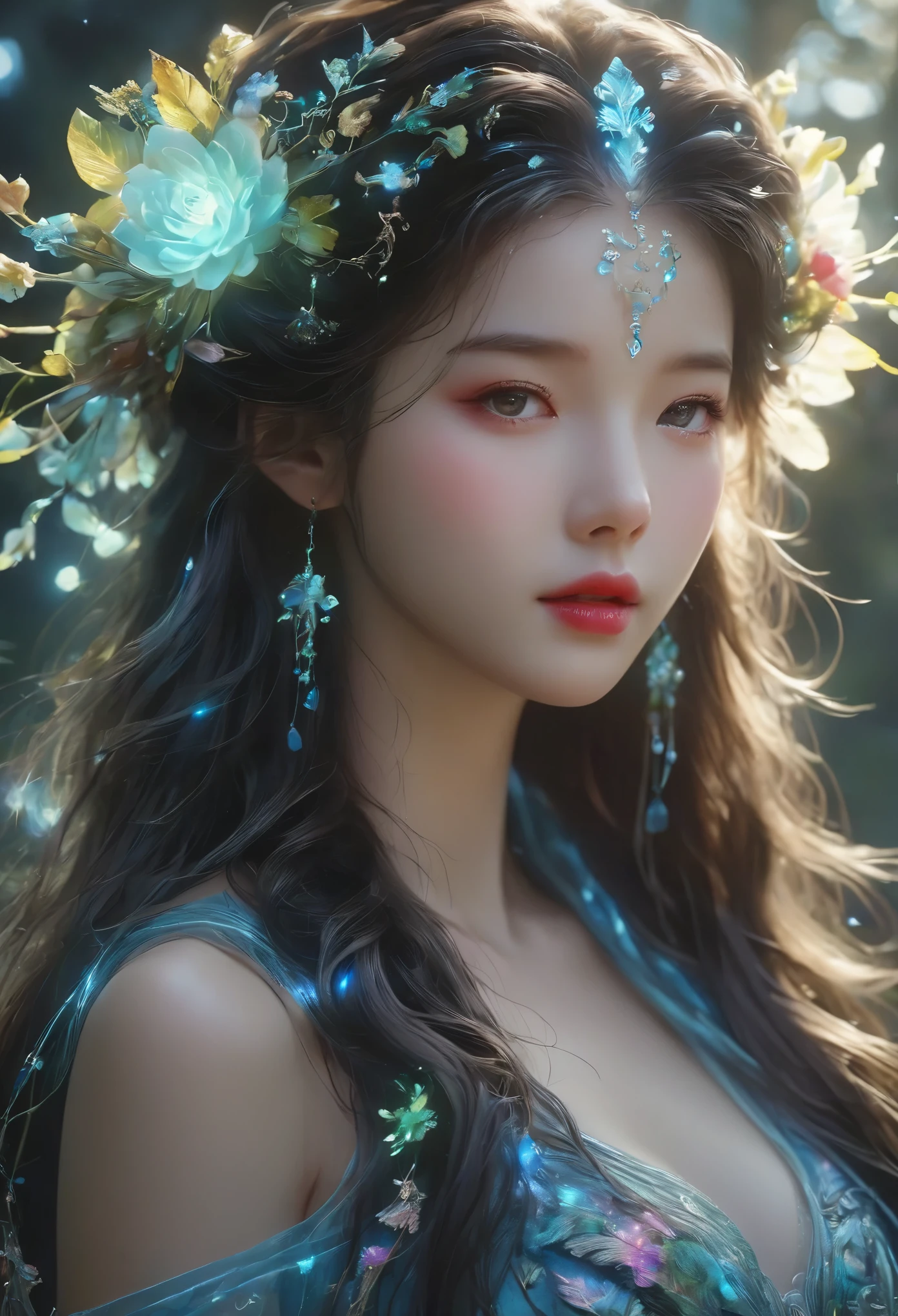 best quality,8k,HD,masterpiece,Ultra Detailed,lifelike,flash,Enchanted Forest,magical atmosphere,风景charming,Colorful,(闪闪glow的仙女),queen of the forest,charming,Carefully cast,French formation,Cute fawn,glow,Fluorescence,wand casting,装满glow液体的瓶子,Ethereal atmosphere