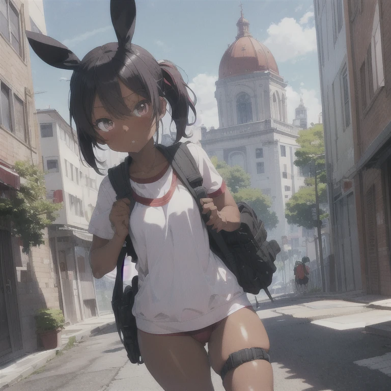 early morning, Urban building background, sunglasses, Red school swimsuit, Thick eyebrows, Leather Backpack, Bazooka sticking out of backpack, Carrying heavy weapons, (Dark Skin: 1.3), Black gloves, Brown Skin, Cinema Lighting, small, Beautiful pale pink hair, Bunny ears, (masterpiece), ((highest quality)), (Very detailed), Glowing Skin, Full body anime girl, alone, Clean and detailed anime faces, High Resolution Anime Eyes, Five Fingers, Fabric Shading, Perfect human structure, Perfect Anatomy,