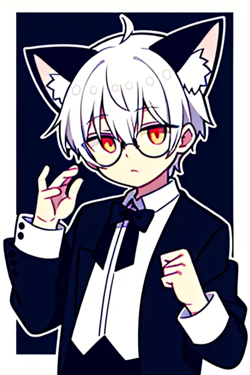 Boy with white hair, cat ears and glasses