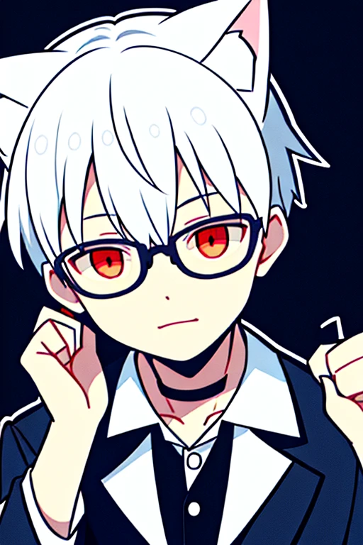 Boy with white hair, cat ears and glasses