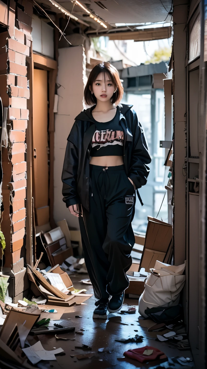 18-year-old,Korean women,((((Standing in front of the house)))),(((Dirty neon street at night))),(((Facing forward))),(((Frowning,カメラをGlaring))),(Very fine eye),((I can't see my stomach)), (((Wearing a long black down jacket,Wearing baggy pants))),(((Collapsing Building))),(((old buildings))),((photograph)),((A woman near a garbage dump)),(((Fabric Shading))), (((highest quality))), (((masterpiece))) strong girl, ((((Realistic)))), I have a card,Black Hair, chic hairstyle, ((With bangs,Straight medium bob cut, nice hair)), Light makeup,Red eyes, (((I&#39;m not wearing lipstick))), (nice, strong), (((Strong night atmosphere))), Centered Images, Looking at the camera, Realistic Skin,Realistic texture,８k,whole body,Pale skin, (((Dirty garbage dump))),A huge amount of trash,Red iris,Expressionless,Glaring,Perfect Face,(((Big eyes))),Wide black baggy pants,Mouth closed, portrait of aespaのウィンター,She is wearing black streetwear, Woman in black streetwear, 黒いハイテクな服を着た女性のphotograph, Girl wearing black hoodie, Cyberpunk Streetwear, Cyberpunk Streetwear street fashion e-girl,