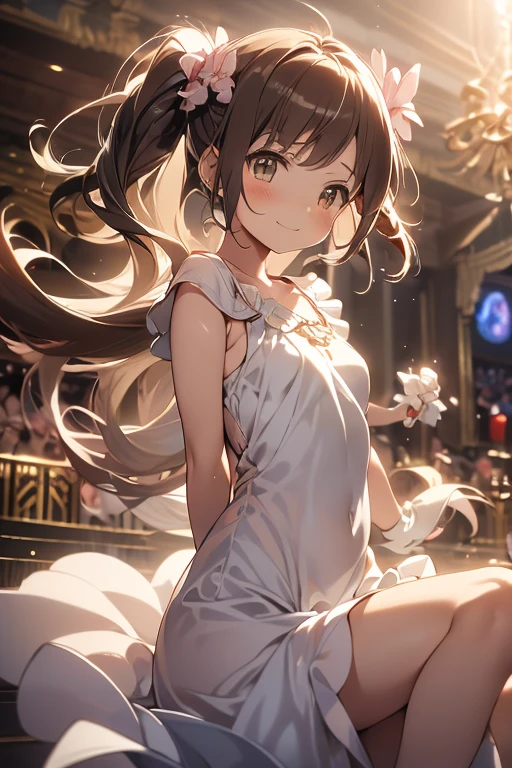 (Best quality),(4k), [highly grand details CG painting]!!,(cheer sticks),(((the Greatest masterpiece,))) (ultra detailed),(((Puella Magi Madoka Magica))),(intricately details),(Natural,mature face),((((beautiful stage)))),(dynamic angles,)(aggressive winds),(dynamic lighting),(blooming,synthetic wave), (reality: 0.7), solo,1 girl,Long eyelashes,twintails,watery eyes,reflected eyes,brown haired deity,floating hair,(comfortable flower dress),((elegant and conservative cloth)),seductive smile,arms behind back