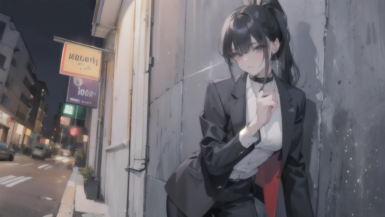 {{masterpiece, highest quality, Highly detailed CG, 8k wallpaper, 3D, Cinema Lighting}}、((深night、night、dark、都市のnight))、Dirty City、Main Street、woman、ponytail、business suit、Are standing、leaning against the wall、Outdoor、Smoking、Smoking a cigarette