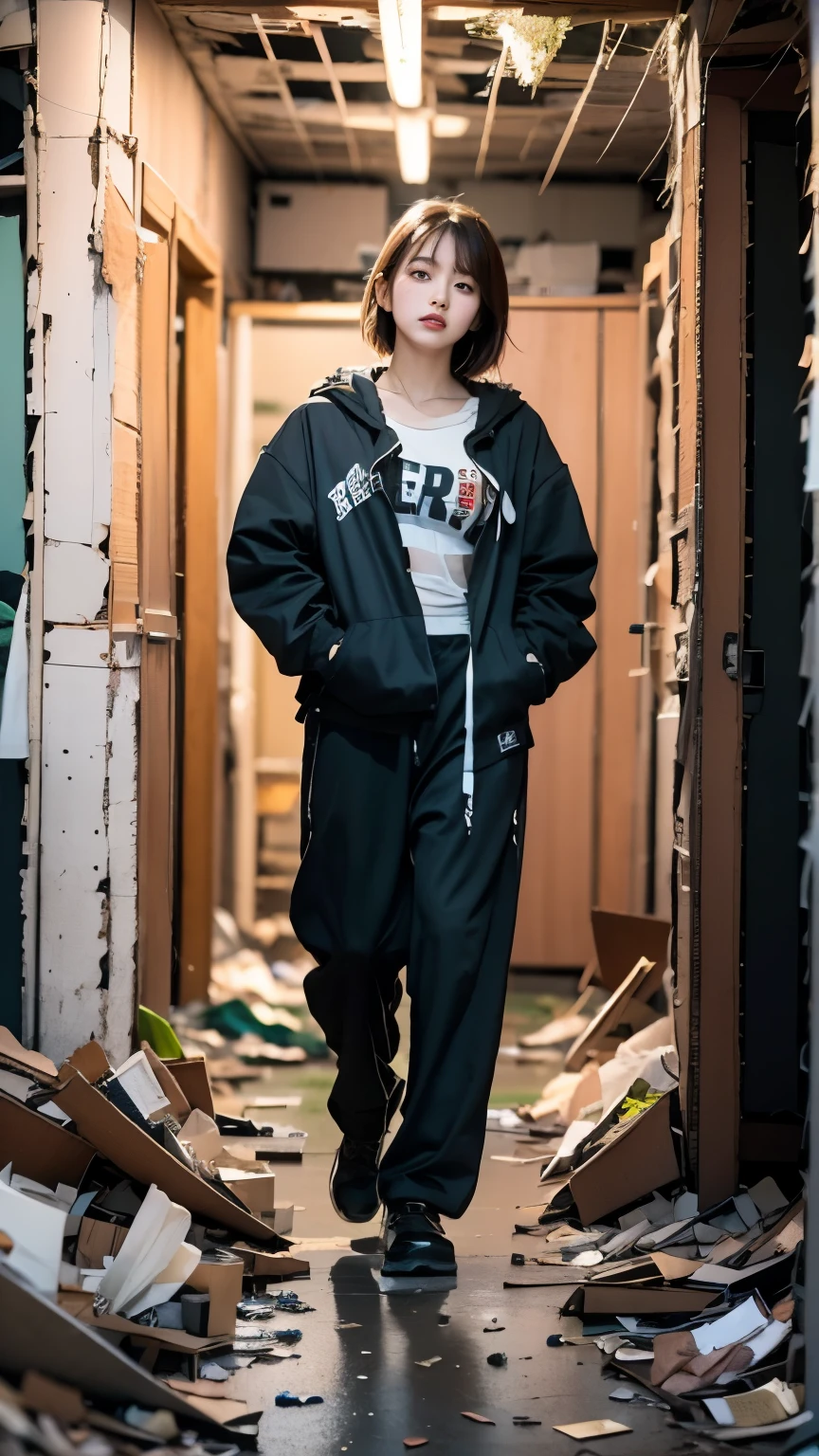 18-year-old,Korean women,((((Standing against the wall)))),(((Dirty neon street at night))),(((Facing forward))),(((Frowning,カメラをGlaring))),(Very fine eye),((I can't see my stomach)), (((Wearing a long black down jacket,Wearing baggy pants))),(((Collapsing Building))),(((old buildings))),((photograph)),((A woman near a garbage dump)),(((Fabric Shading))), (((highest quality))), (((masterpiece))) strong girl, ((((Realistic)))), I have a card,Black Hair, chic hairstyle, ((With bangs,Straight medium bob cut, nice hair)), Light makeup,Red eyes, (((I&#39;m not wearing lipstick))), (nice, strong), (((Strong night atmosphere))), Centered Images, Looking at the camera, Realistic Skin,Realistic texture,８k,whole body,Pale skin, (((Dirty garbage dump))),A huge amount of trash,Red iris,Expressionless,Glaring,Perfect Face,(((Big eyes))),Wide black baggy pants,Mouth closed, portrait of aespaのウィンター,She is wearing black streetwear, Woman in black streetwear, 黒いハイテクな服を着た女性のphotograph, Girl wearing black hoodie, Cyberpunk Streetwear, Cyberpunk Streetwear street fashion e-girl,