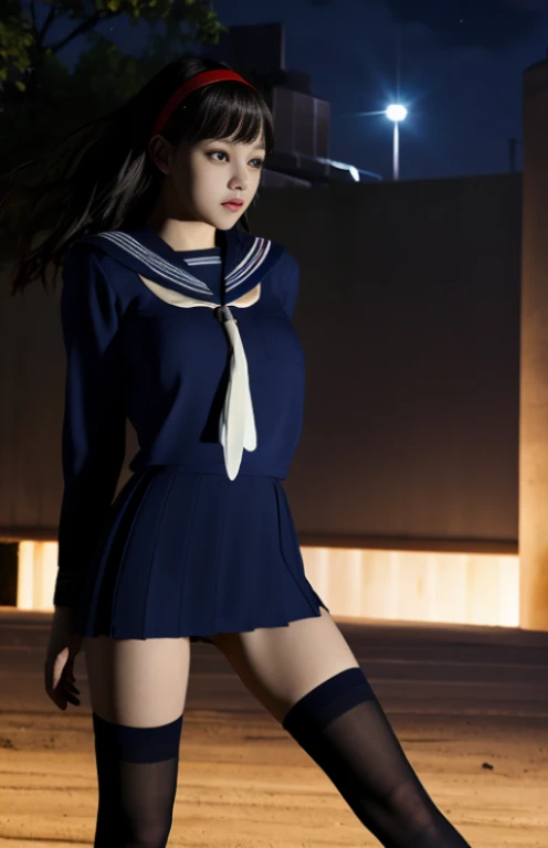 (8k, highest quality, masterpiece:1.2), (Realistic, photo-Realistic:1.37), Very detailed,highest quality, Ultra-high resolution, professional Lighting, Photon Mapping, Radio City, Physically Based Rendering, cinematic Lighting, midnight road,Written boundary depth, Sharp focus, Light, Good composition,(Beautiful thighs) 1 girl,alone,(whole body), ((high school girl sailor suit、Navy Knee Socks)),Beautiful and beautiful eyes, stop temporarily, Tight waist,Japanese schoolgirl, Black Hair,Messy Hair,Long hair blowing in the wind,(Ulzzang-6500:1.2) Mix 4, 、((Leg spread:1.5))