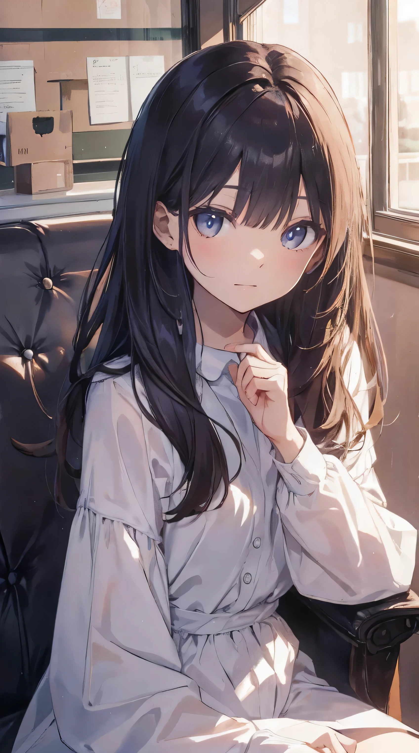 Masterpiece、Highest quality、highest quality、(((Lori)))、 ((Petite))、Shiny hair quality、Small face、Sitting、Super detailed, beautiful, wide eyes、Ultra-detailed, clear and beautiful faces、(cute illustration:1.2), High-resolution, ultra-detailed, best quality, embarrassed
