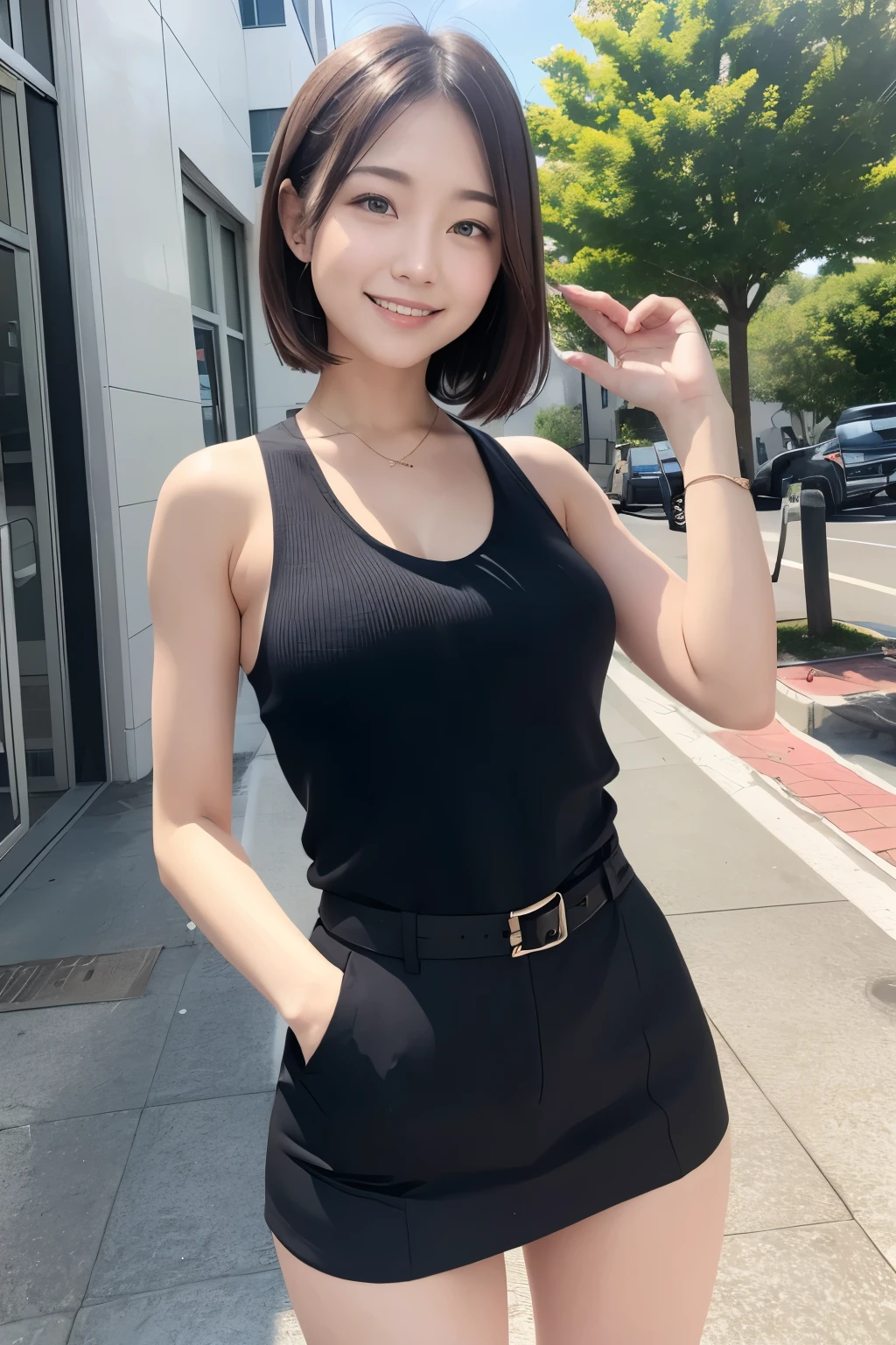 Girls and girls, office ladies, career women, tank tops, , panties, light smiles, outdoors, business district,