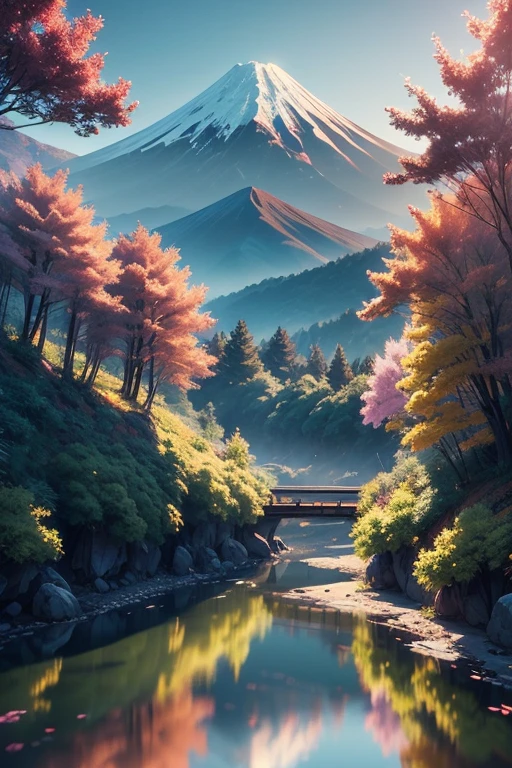 Shinkai style, Fuji Mountain, Honshu Island, (illustration: 1.0), Epic creation, Realistic lighting, HD details, masterpiece, best quality, (Highly detailed CG Unity 8k wallpaper), 1 woman