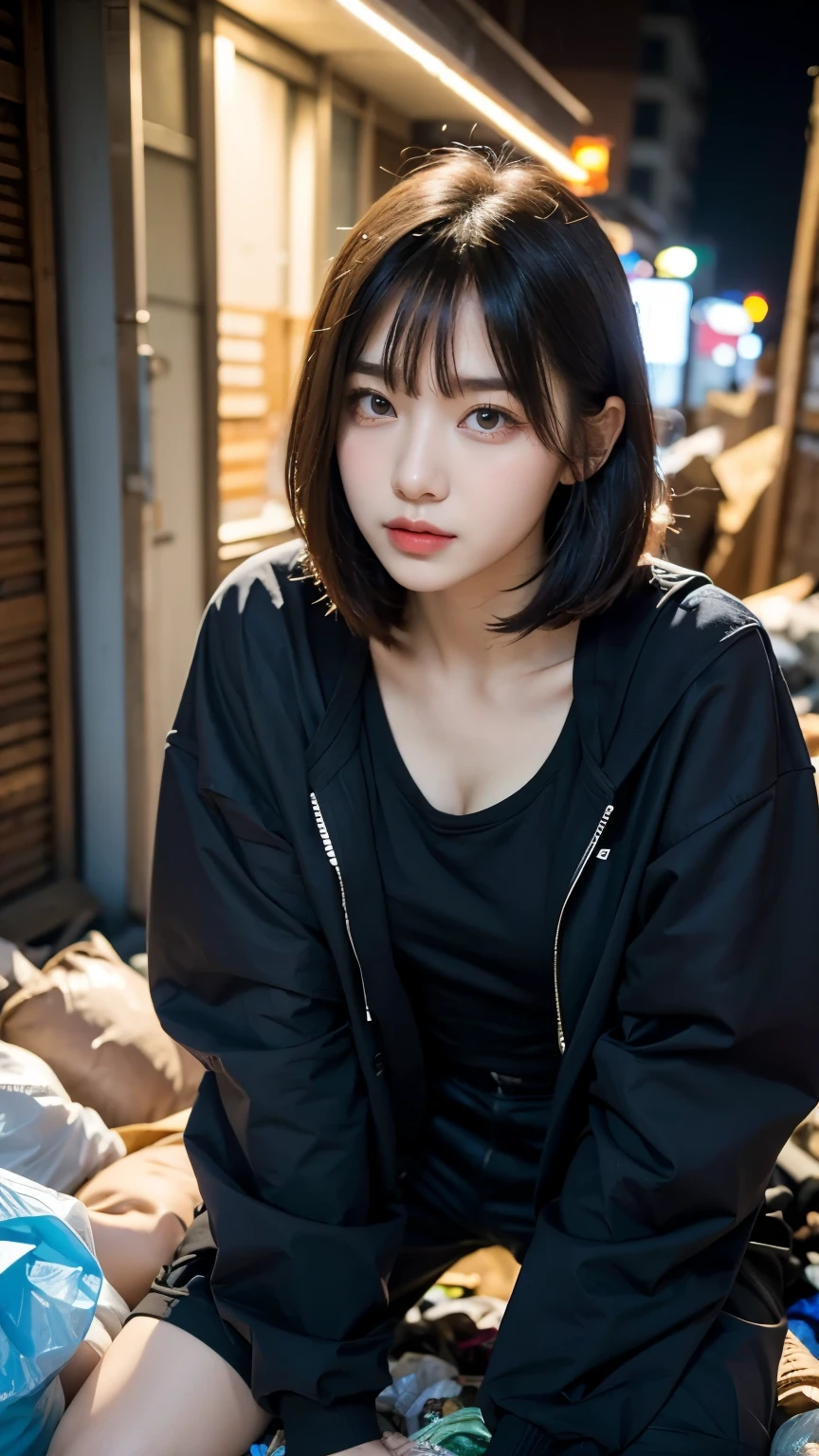 18-year-old,Korean women,((((Crawling around picking up trash)))),(((Dirty neon street at night))),(((Facing forward))),(((Frowning,カメラをGlaring))),(Very fine eye),((I can't see my stomach)), (((Wearing a long black down jacket,Wearing baggy pants))),(((Collapsing Building))),(((old buildings))),((photograph)),((A woman near a garbage dump)),(((Fabric Shading))), (((highest quality))), (((masterpiece))) strong girl, ((((Realistic)))), I have a card,Black Hair, chic hairstyle, ((With bangs,Straight medium bob cut with no frills, nice hair)), Light makeup,Red eyes, (((I&#39;m not wearing lipstick))), (nice, strong), (((Strong night atmosphere))), Centered Images, Looking at the camera, Realistic Skin,Realistic texture,８k,whole body,Pale skin, (((Dirty garbage dump))),(((A huge amount of trash))),Red iris,Expressionless,Glaring,Perfect Face,(((Big eyes))),Wide black baggy pants,Mouth closed, portrait of aespaのウィンター,She is wearing black streetwear, Woman in black streetwear, 黒いハイテクな服を着た女性のphotograph, Girl wearing black hoodie, Cyberpunk Streetwear, Cyberpunk Streetwear street fashion e-girl,