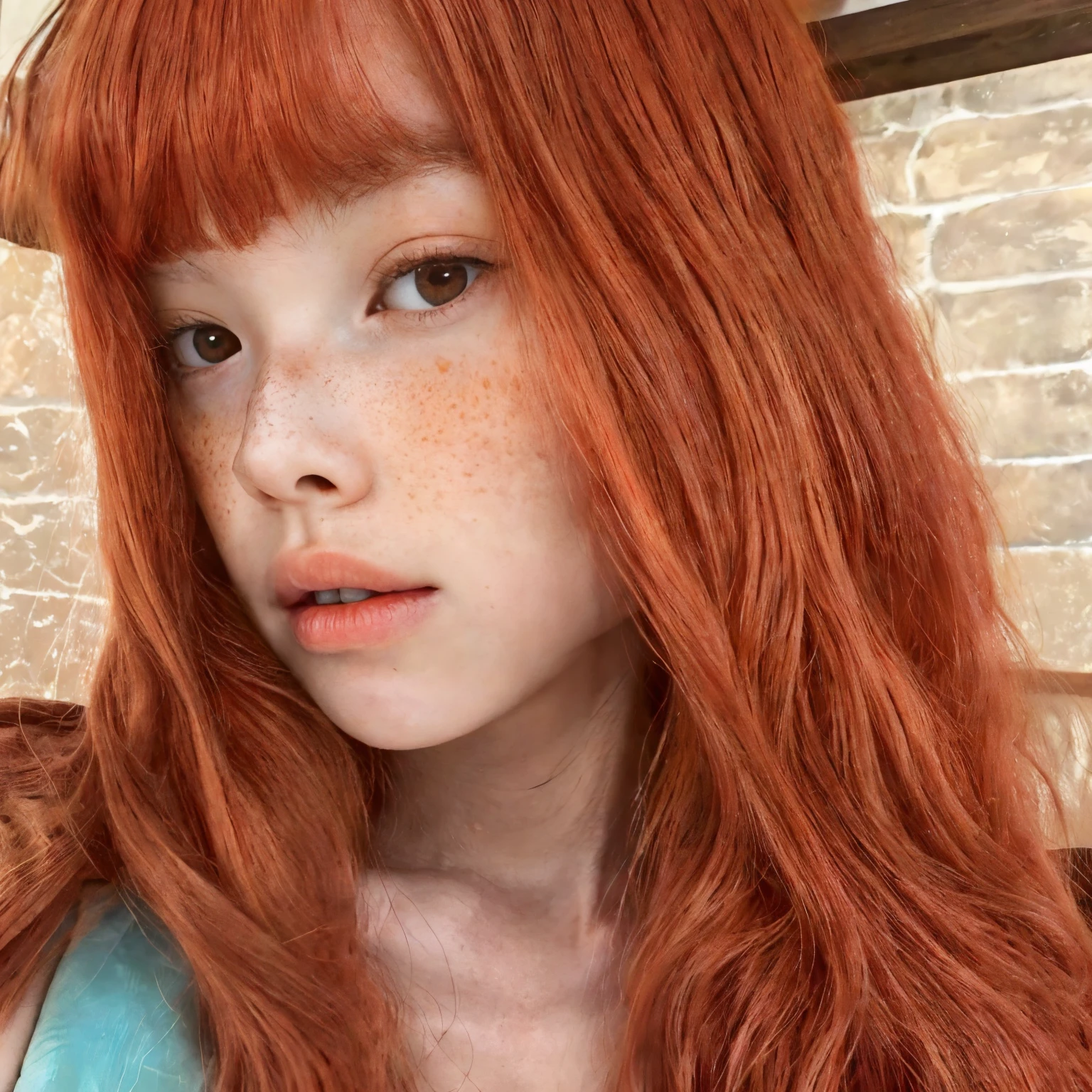 a close up of a woman with freckles and a freckled hair, she has long redorange hair, lalisa manobal, coral brown hair, orange hair, she has long orange brown hair, ginger hair with freckles, long orange hair, orange glowing hair, with long red hair, flowing ginger hair, the hime cut, lalisa manoban of blackpink