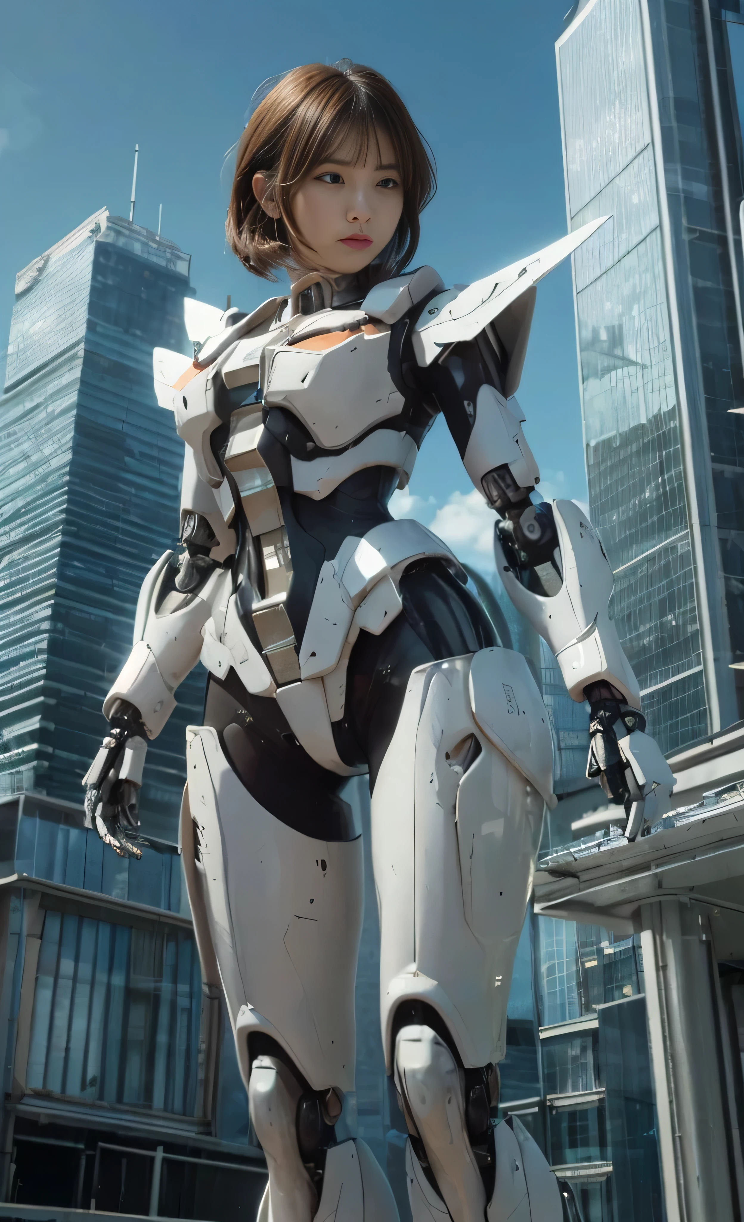 (((RAW Image Quality:1.4))), ((A giant mechanical woman, much bigger than a skyscraper:1.4)), 14 years old, Rough skin, Very detailed, Advanced Details, high quality, 最high quality, High resolution, 1080p, hard disk, beautiful,(Gundam:1.4),beautiful almost,She is wearing futuristic shiny white mechanical parts,Mechanical joint, Mechanical Arm, Mechanical legs below the knees, Mechanical parts that protect the top of the breasts, Cleavage, Mechanically protected groin, Excluding bust top and inseam, Bare skin is exposed., Nearly naked, Perfect Proportions, (Brown hair fluttering in the wind), beautiful blue eyes, full body shot, very small metropolis。A miniature city just a few feet tall, Stomping City,Crush City,Small Town,Micro City, Small cars and trains, Deep blue sky, Metal pants digging into the crotch, Angle looking up from below, Biologically correct, Combat pose,