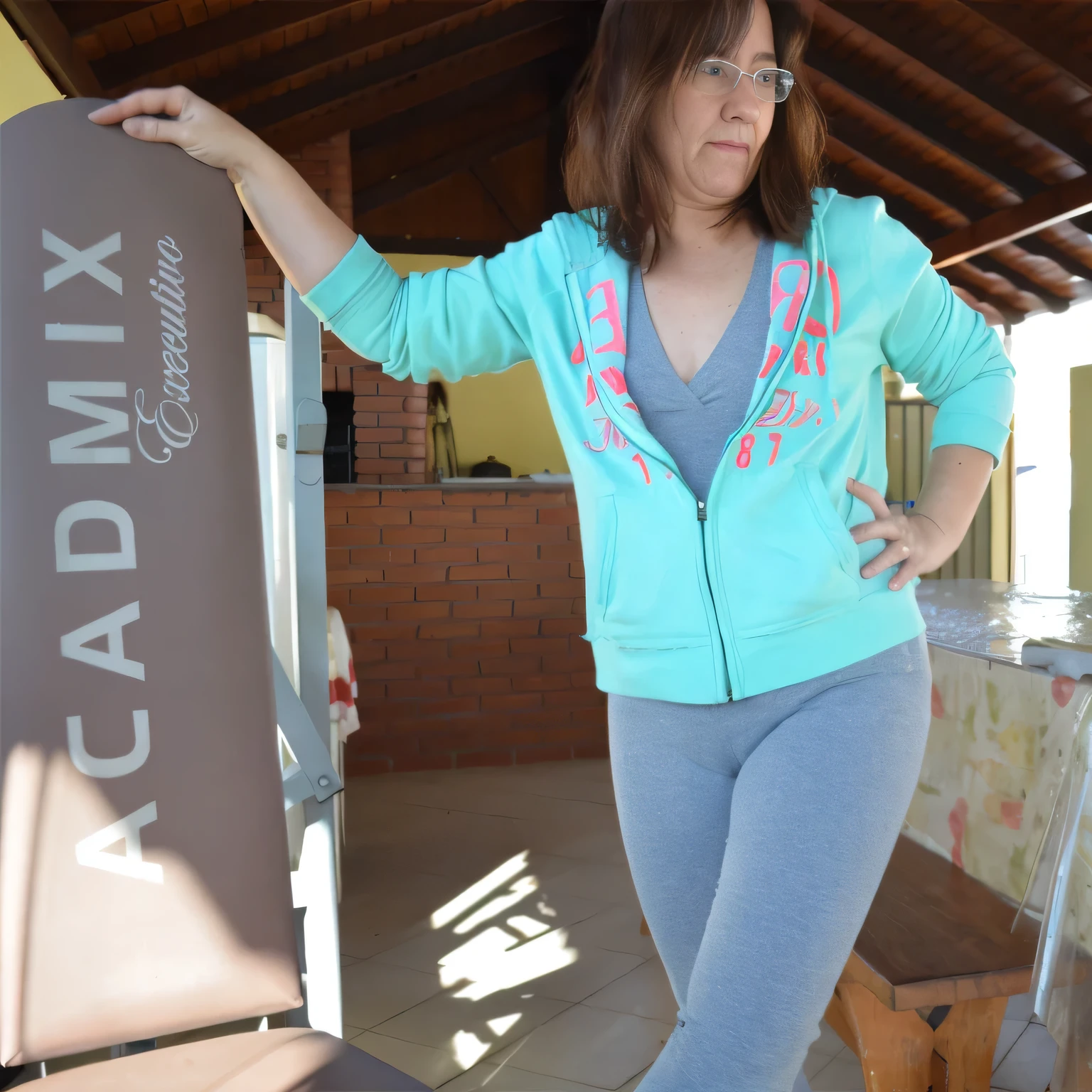 woman in blue jacket and grey pants standing next to a sign, wearing a track suit, adriana dxim, close full figure, wearing a tracksuit, doing a sassy pose, wearing track and field suit, full pose, in a medium full shot, photo from the back, femenine body, sassy pose, lascivious pose, pilar, by Judith Gutierrez