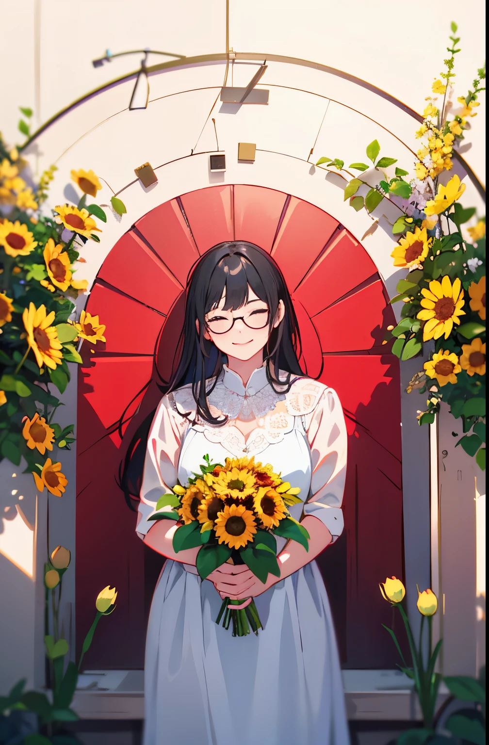 A beautiful with long black hair, wearing glasses and smiling, holding a bouquet of sunflowers and red roses. The vibrant colors of the flowers and the girl's outfit create a lively and joyful atmosphere. The image is of ultra-detailed quality, with a resolution of 8k, highres, and a touch of a masterpiece at a 1.2 level. The focus of the image is cinematic, capturing the girl's expression and the flowers in sharp detail. The girl's eyes are closed, adding a sense of tranquility and contentment.