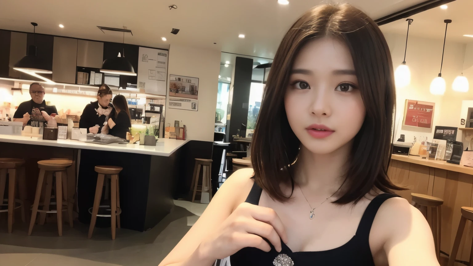 ((Realistic lighting, highest quality, 8k, masterpiece: 1.3)), concentrated: 1.2, One girl, Perfect body beauty: 1.4, Slim Abs: 1.1, ((Dark brown hair)), (Princess Dress: 1.4), (Inside the cafe, congestion: 1.1), Inside the cafeで撮影, Very beautiful face, Beautiful Eyes, double eyelid,