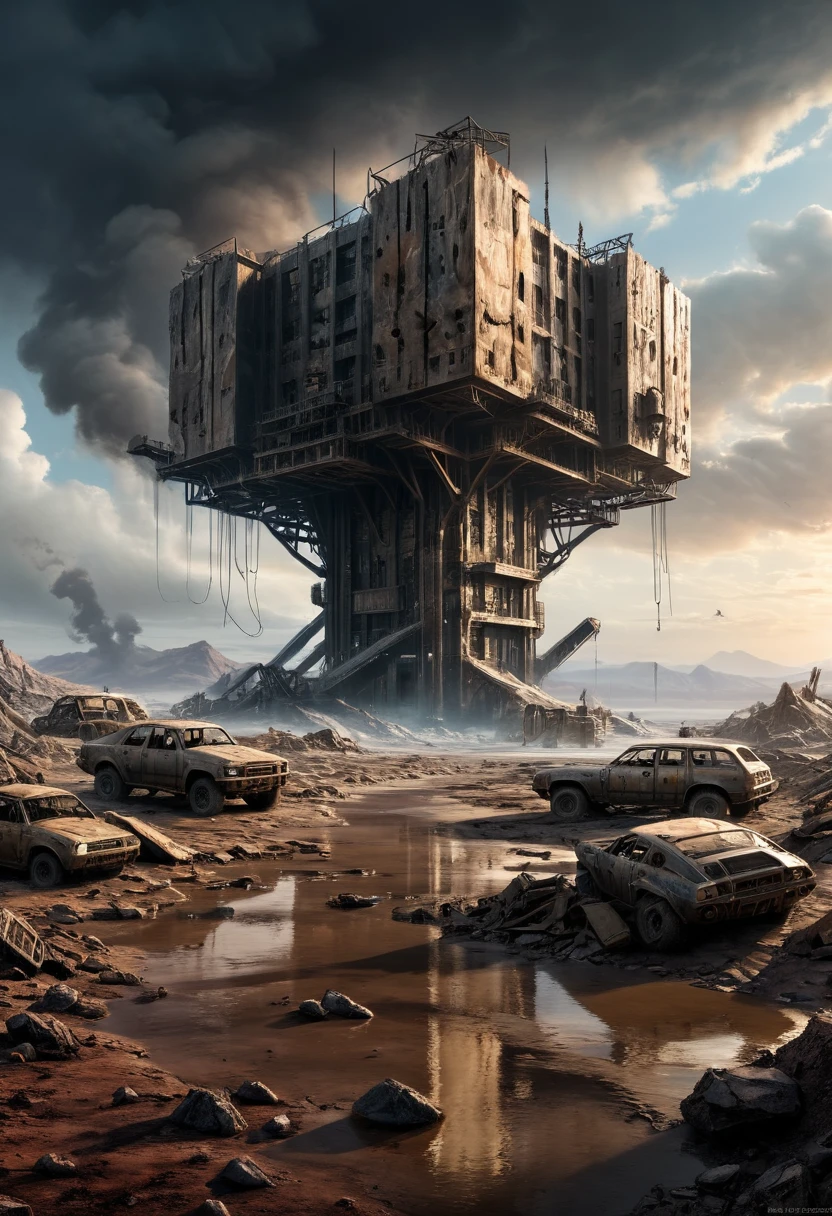 Post apocalyptic scenario, Desolate atmosphere, Dystopian landscape, wasteland, (masterpiece, best quality, Professional, perfect composition, very aesthetic, absurdres, ultra-detailed, intricate details:1.3)