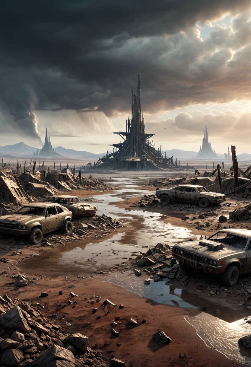 Post apocalyptic scenario, Desolate atmosphere, Dystopian landscape, wasteland, (masterpiece, best quality, Professional, perfect composition, very aesthetic, absurdres, ultra-detailed, intricate details:1.3)