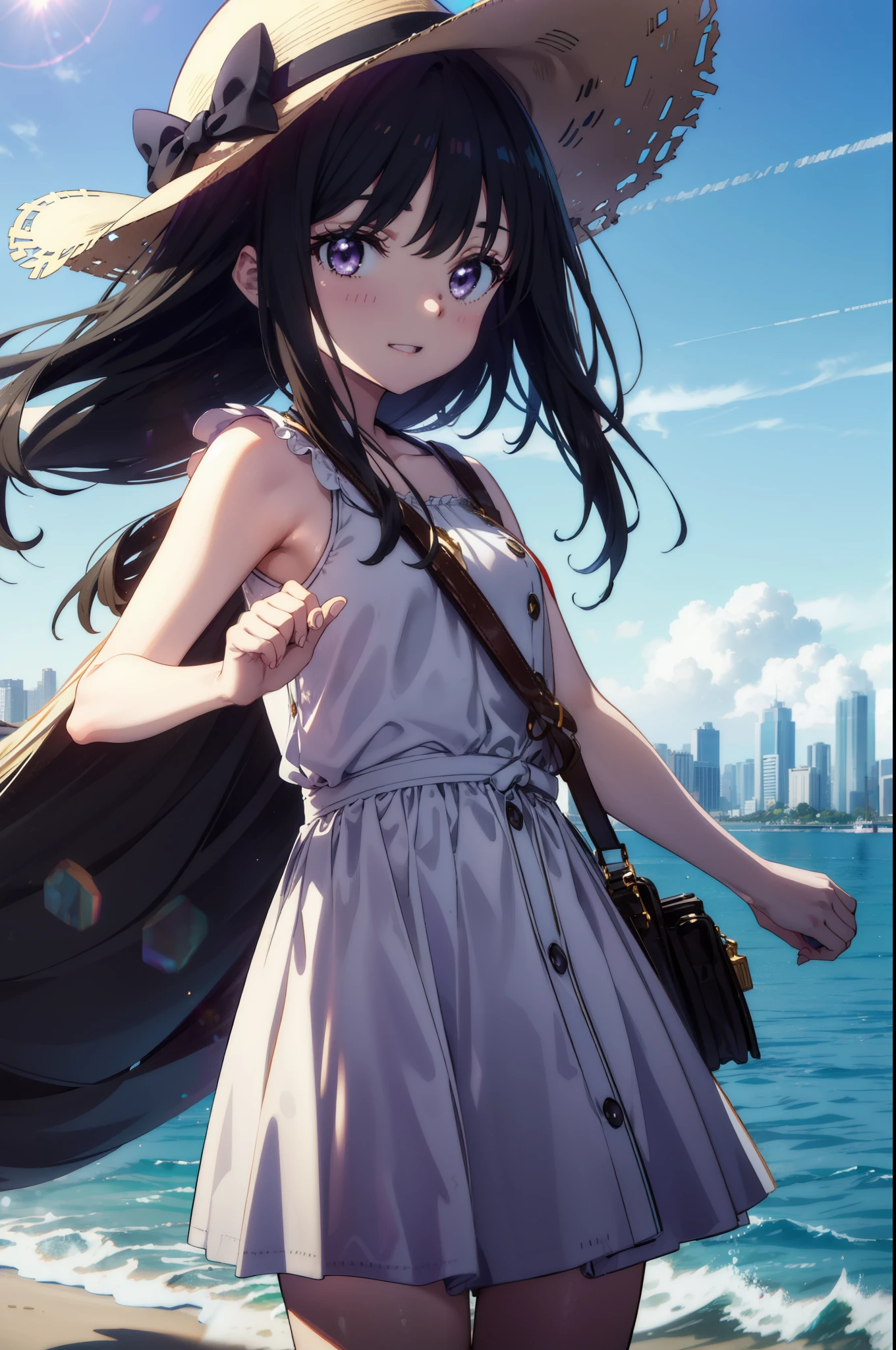 Takiuchi, Inoue Check, Long Hair, bangs, Black Hair, (Purple eyes:1.2),happy smile, smile, Open your mouth,smile,blush,Blue long skirt one-piece dress,No sleeve,Bare arms,Rocket Pendant,Cute Sandals,White hat,True Summer,Clear skies,So that the whole body goes into the illustration,
break outdoors, Coastal Road,City Street,
break looking at viewer, (Cowboy Shot:1.5),
break (masterpiece:1.2), highest quality, High resolution, unity 8k wallpaper, (figure:0.8), (Beautiful fine details:1.6), Highly detailed face, Perfect lighting, Highly detailed CG, (Perfect hands, Perfect Anatomy),