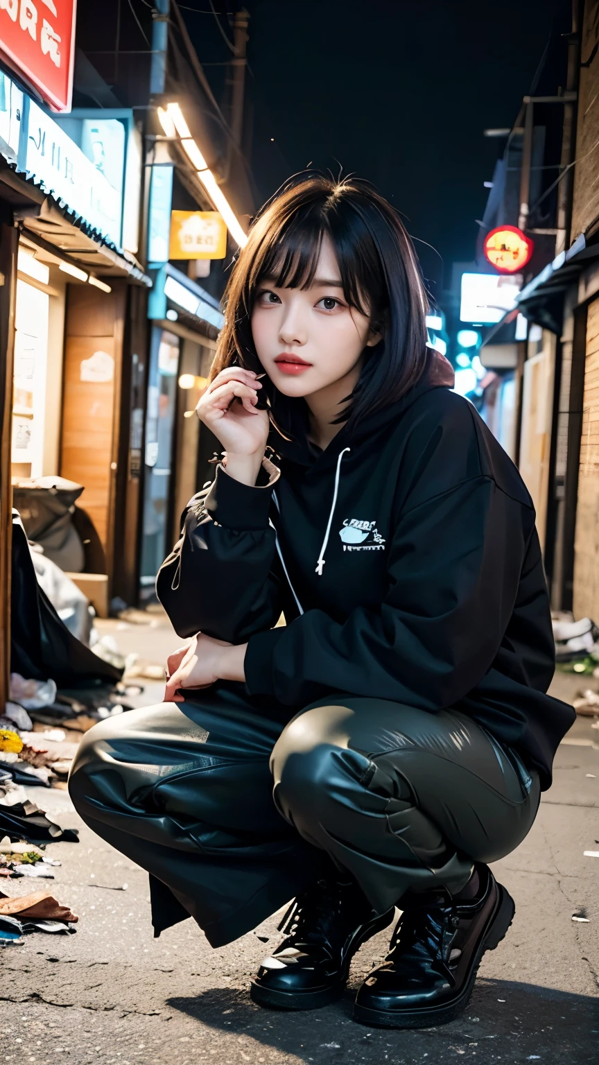18-year-old,Korean women,((((squatting down and picking up trash)))),(((Dirty neon street at night))),(((Facing forward))),(((Frowning,カメラをGlaring))),(Very fine eye),((I can't see my stomach)), (((Wearing a long black down jacket,Wearing baggy pants))),(((Collapsing Building))),(((old buildings))),((photograph)),((A woman near a garbage dump)),(((Fabric Shading))), (((highest quality))), (((masterpiece))) strong girl, ((((Realistic)))), I have a card,Black Hair, chic hairstyle, ((With bangs,Straight medium bob cut, nice hair)), Light makeup,Red eyes, (((I'm not wearing lipstick))), (nice, strong), (((Strong night atmosphere))), Centered Images, Looking at the camera, Realistic Skin,Realistic texture,8k,whole body,Pale skin, (((Dirty garbage dump))),A huge amount of trash,Red iris,Expressionless,Glaring,Perfect Face,(((Big eyes))),Wide black baggy pants,Mouth closed, portrait of aespaのウィンター,She is wearing black streetwear, Woman in black streetwear, 黒いハイテクな服を着た女性のphotograph, Girl wearing black hoodie, Cyberpunk Streetwear, Cyberpunk Streetwear street fashion e-girl,