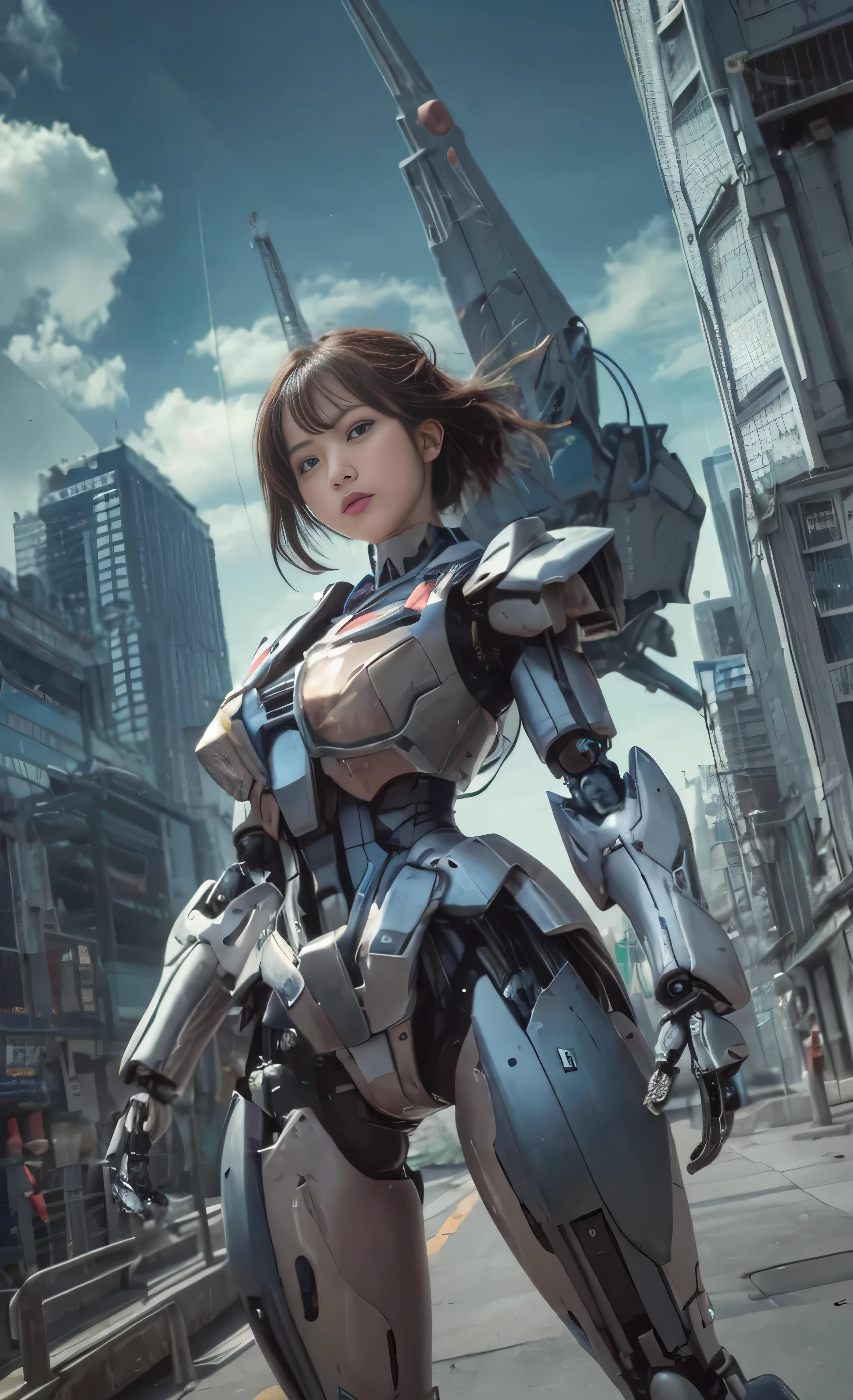 (((RAW Image Quality:1.4))), ((A giant mechanical woman, much bigger than a skyscraper:1.4)), , Rough skin, Very detailed, Advanced Details, high quality, 最high quality, High resolution, 1080p, hard disk, beautiful,(Gundam:1.4),beautiful almost,She is wearing futuristic shiny white mechanical parts,Mechanical joint, Mechanical Arm, Mechanical legs below the knees, Mechanical parts that protect the top of the breasts, Cleavage, Mechanically protected groin, Excluding bust top and inseam, Bare skin is exposed., Nearly naked, Perfect Proportions, (Brown hair fluttering in the wind), beautiful blue eyes, full body shot, very small metropolis。A miniature city just a few feet tall, Stomping City,Crush City,Small Town,Micro City, Small cars and trains, Deep blue sky, Metal pants digging into the crotch, Angle looking up from below, Biologically correct, Combat pose,