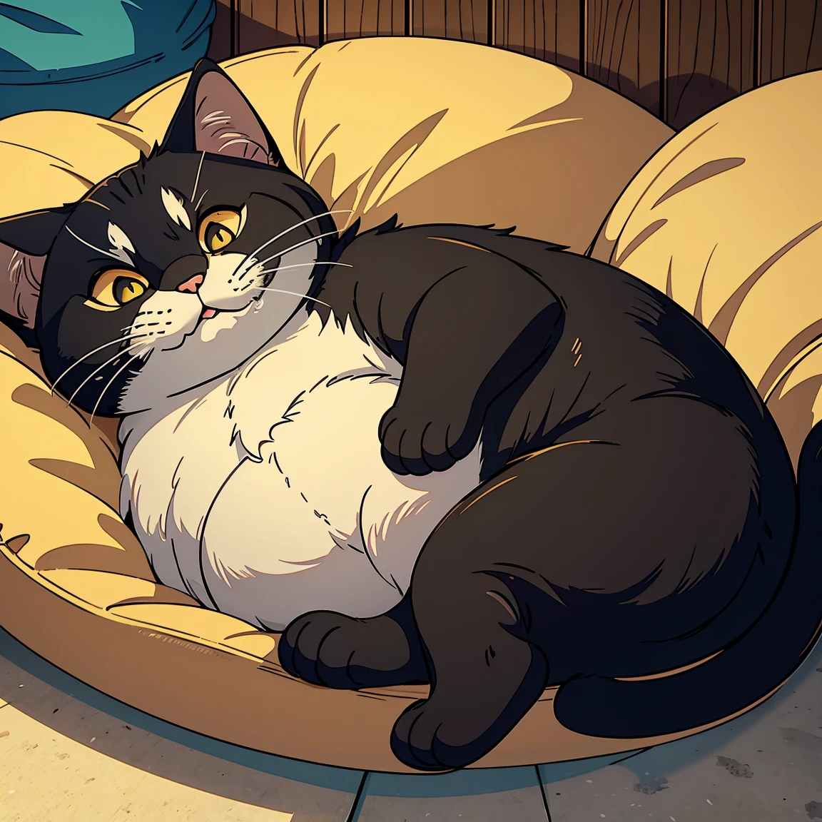 masterpiece, high quality, Create a cat so fat, hilarious and funny form, The cat is lying down and taking a nap