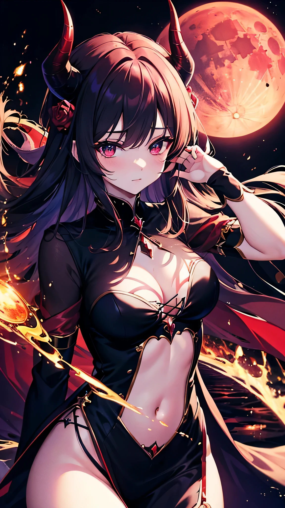 Masterpiece, top quality, 8k, super detailed, Demon princess, beautiful girl, demon king's castle, red moon night