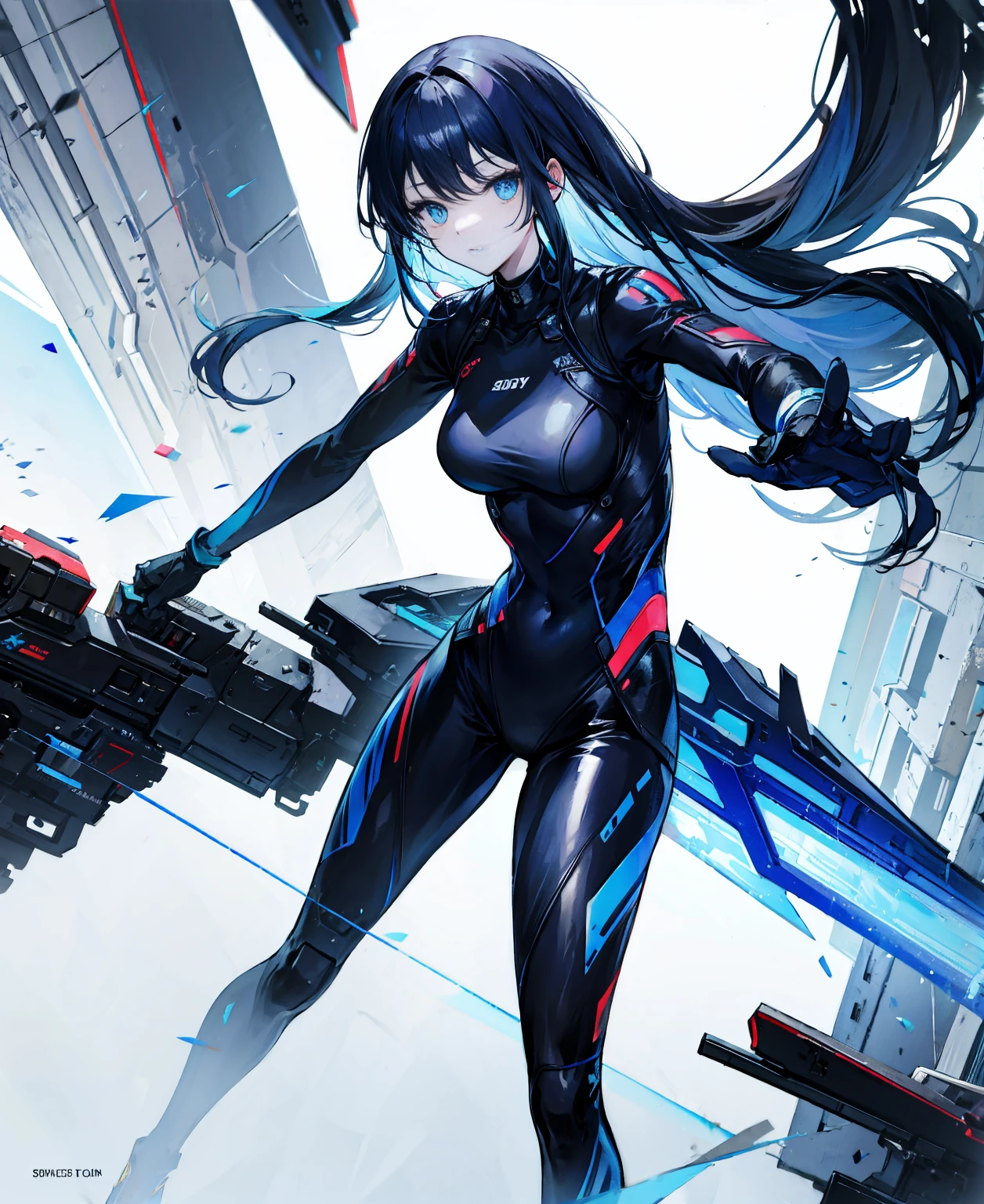 There is no background，girl，Carry a firearm，Patent leather tight suit，Use of firearms，Navy blue long hair，attention arousal，Blue colored eyes,No gradients