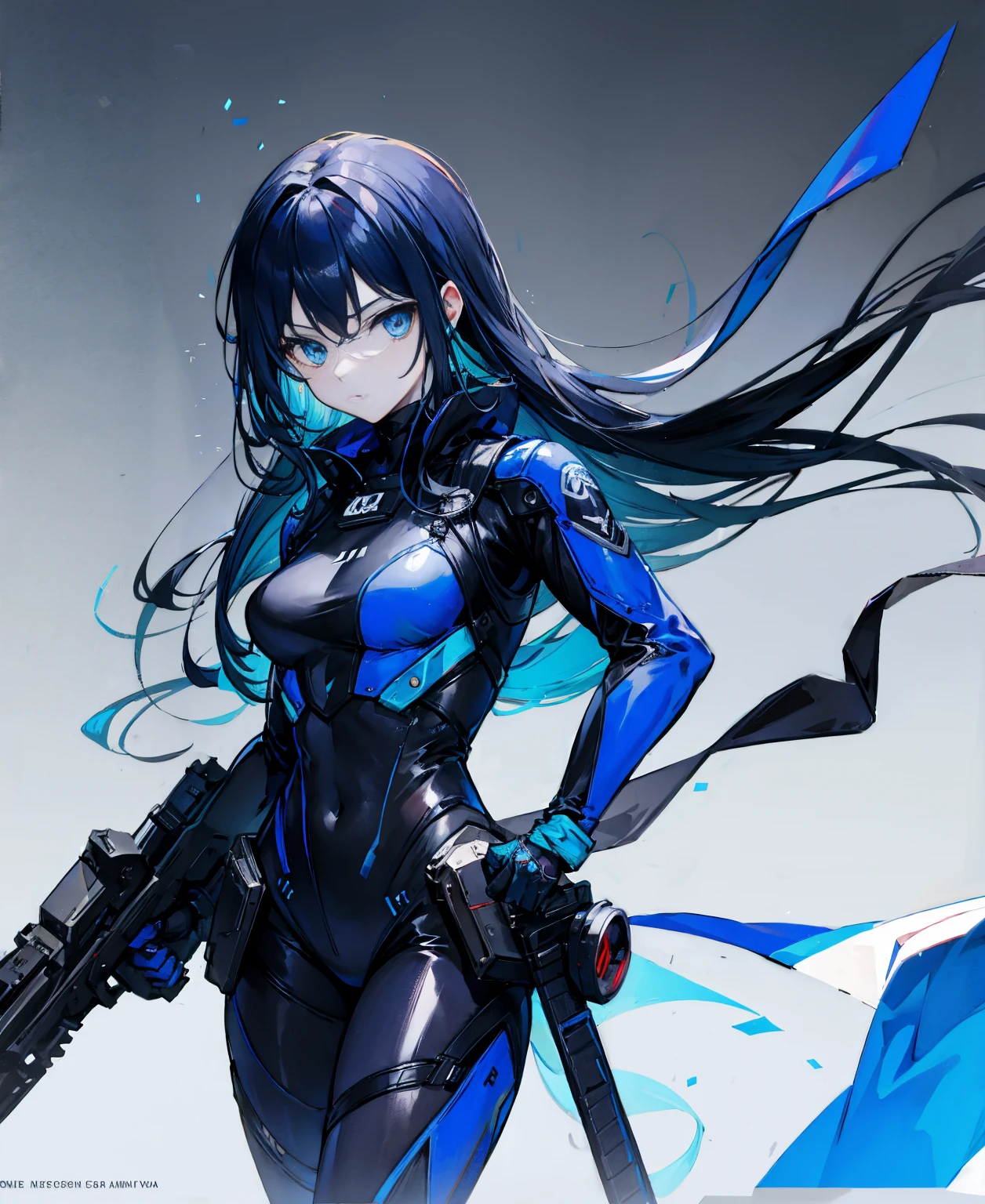 There is no background，girl，Carry a firearm，Patent leather tight suit，Use of firearms，Navy blue long hair，attention arousal，Blue colored eyes,No gradients