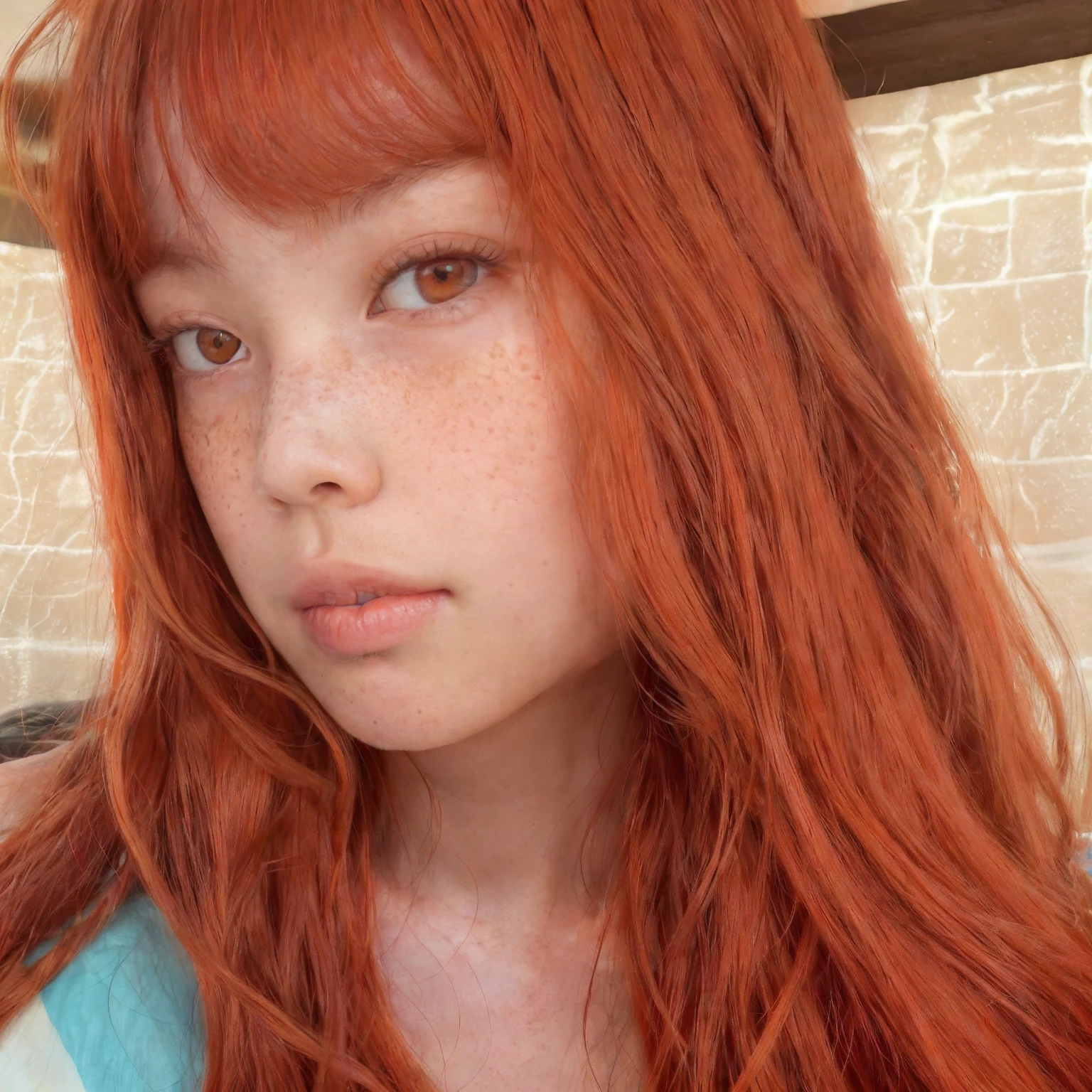 a close up of a woman with freckles and a freckled hair, she has long redorange hair, lalisa manobal, coral brown hair, orange hair, she has long orange brown hair, ginger hair with freckles, long orange hair, orange glowing hair, with long red hair, flowing ginger hair, the hime cut, lalisa manoban of blackpink